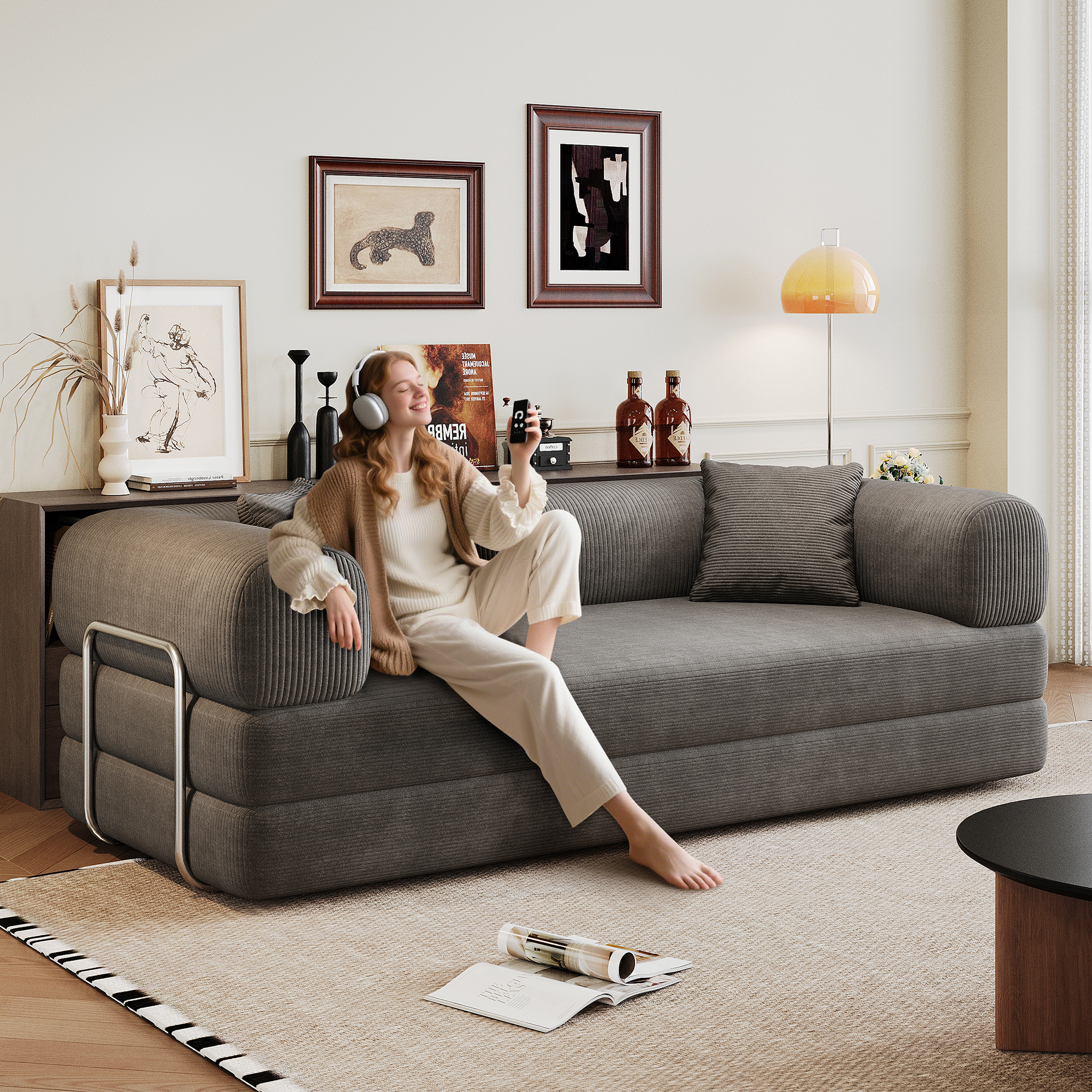 78.8" Compression Sofa,Convertible Floor Sofa Bed-with Pillow Back Support Armrest,Comfy Futon Couch Sleeper Bed,Loveseats Boneless Modular Sectional Sofa,Corduroy fabric,for Living Room,Bedroom,Grey - Image 6