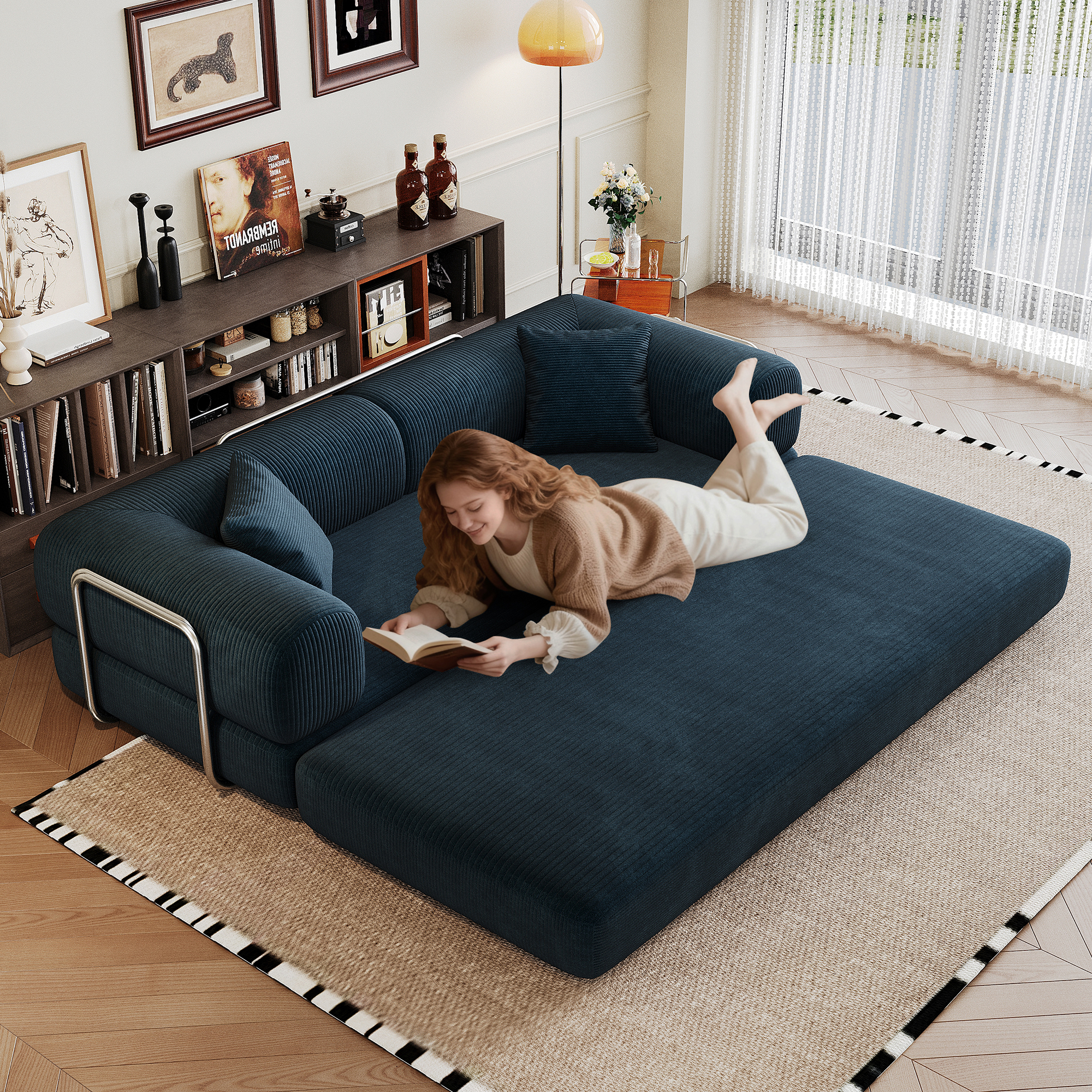 78.8" Compression Sofa,Convertible Floor Sofa Bed-with Pillow Back Support Armrest,Comfy Futon Couch Sleeper Bed,Loveseats Boneless Modular Sectional Sofa,Corduroy fabric,for Living Room,Bedroom,Blue - Image 2