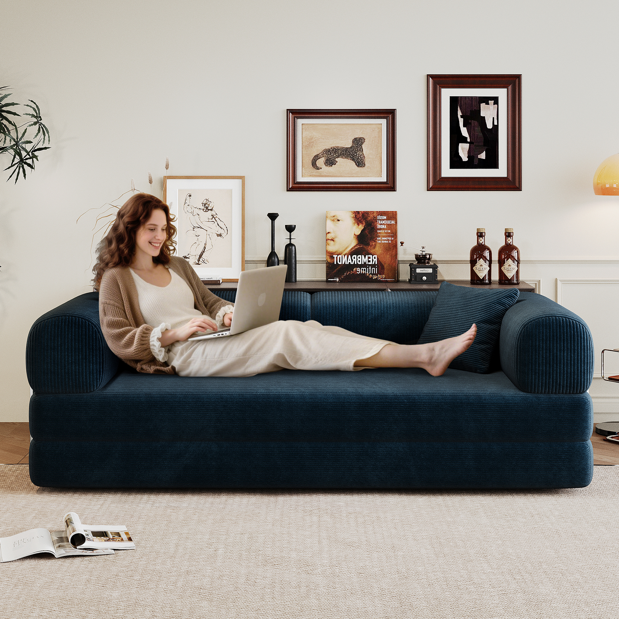 78.8" Compression Sofa,Convertible Floor Sofa Bed-with Pillow Back Support Armrest,Comfy Futon Couch Sleeper Bed,Loveseats Boneless Modular Sectional Sofa,Corduroy fabric,for Living Room,Bedroom,Blue - Image 3