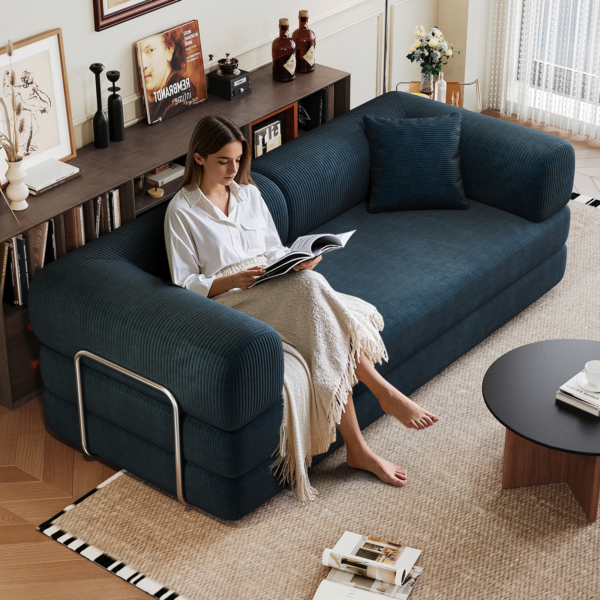 78.8" Compression Sofa,Convertible Floor Sofa Bed-with Pillow Back Support Armrest,Comfy Futon Couch Sleeper Bed,Loveseats Boneless Modular Sectional Sofa,Corduroy fabric,for Living Room,Bedroom,Blue - Image 4