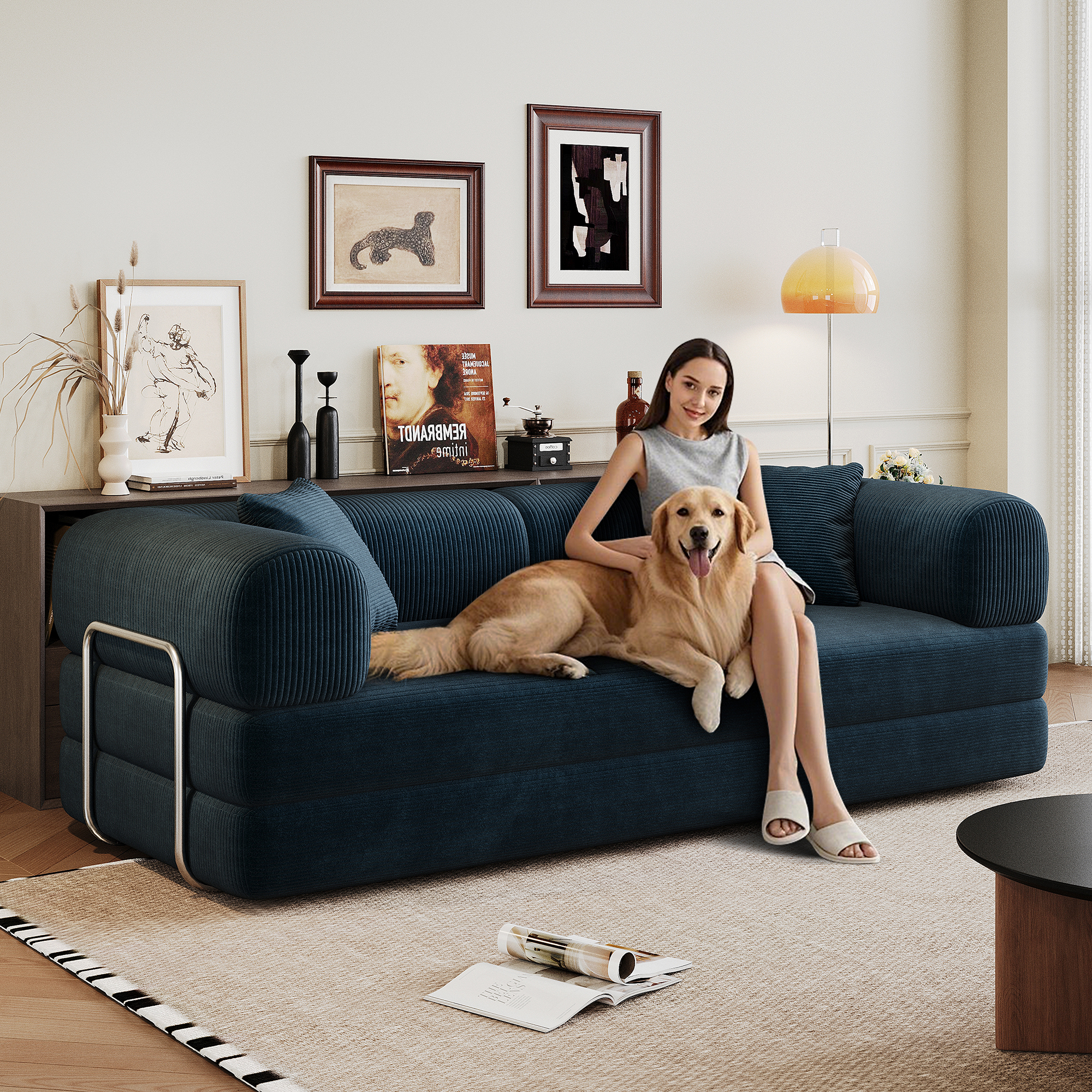 78.8" Compression Sofa,Convertible Floor Sofa Bed-with Pillow Back Support Armrest,Comfy Futon Couch Sleeper Bed,Loveseats Boneless Modular Sectional Sofa,Corduroy fabric,for Living Room,Bedroom,Blue - Image 6