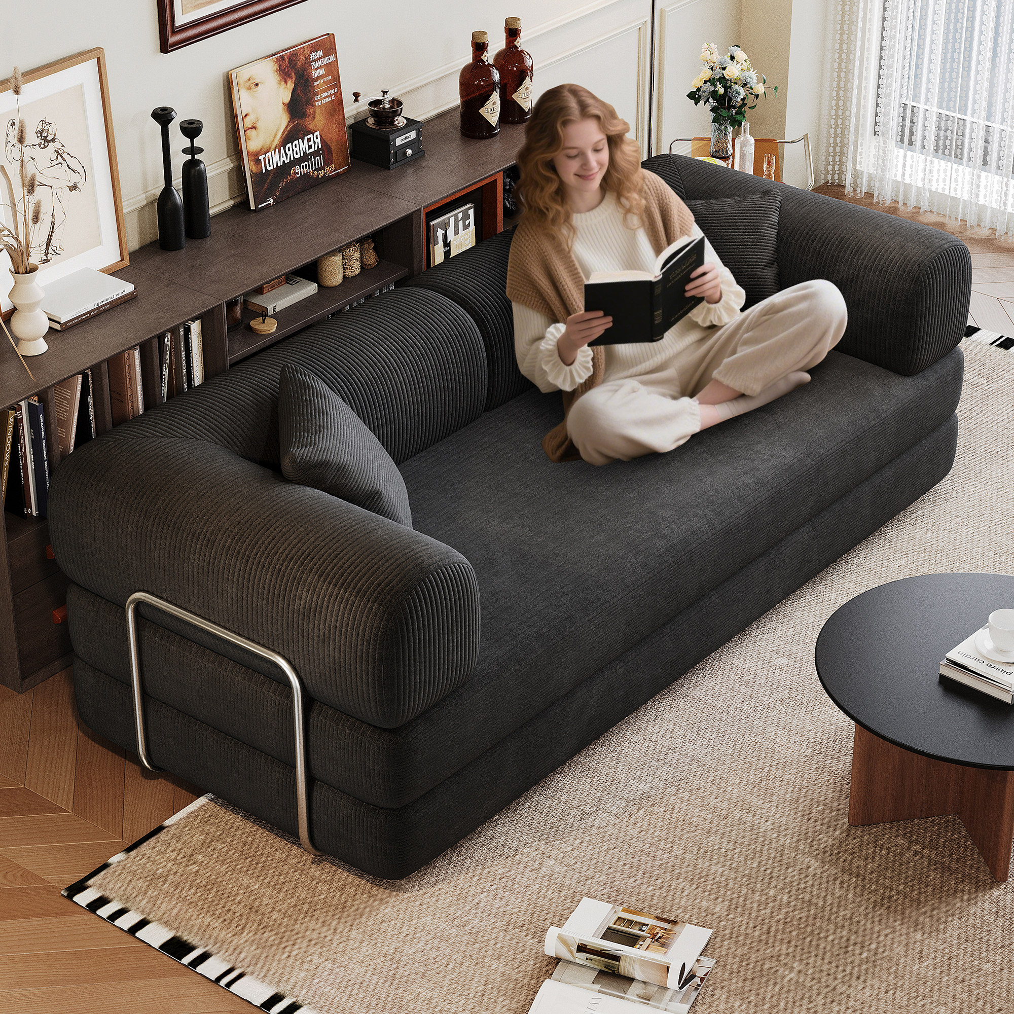 78.8" Compression Sofa,Convertible Floor Sofa Bed-with Pillow Back Support Armrest,Comfy Futon Couch Sleeper Bed,Loveseats Boneless Modular Sectional Sofa,Corduroy fabric,for Living Room,Bedroom,Black - Image 3