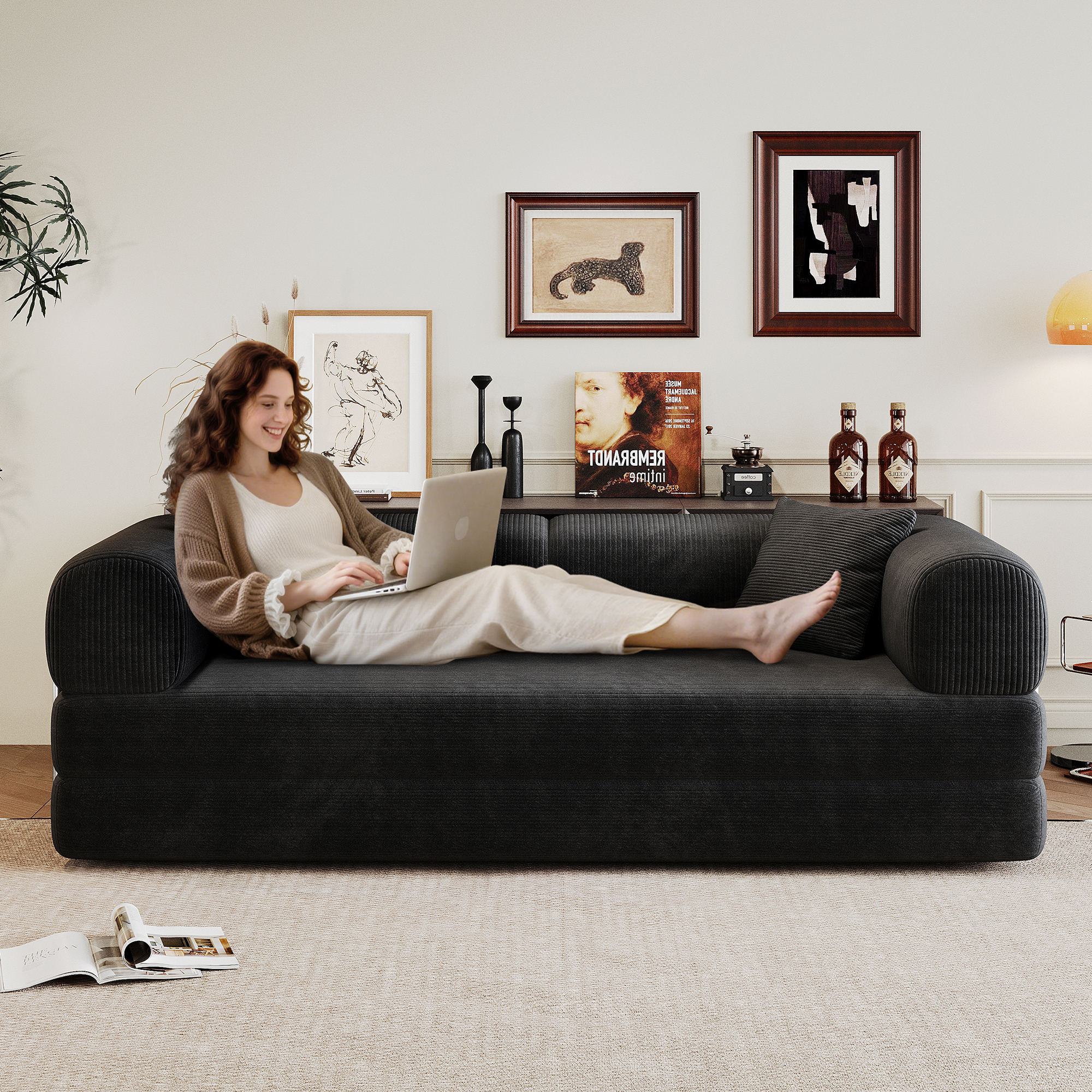 78.8" Compression Sofa,Convertible Floor Sofa Bed-with Pillow Back Support Armrest,Comfy Futon Couch Sleeper Bed,Loveseats Boneless Modular Sectional Sofa,Corduroy fabric,for Living Room,Bedroom,Black - Image 4