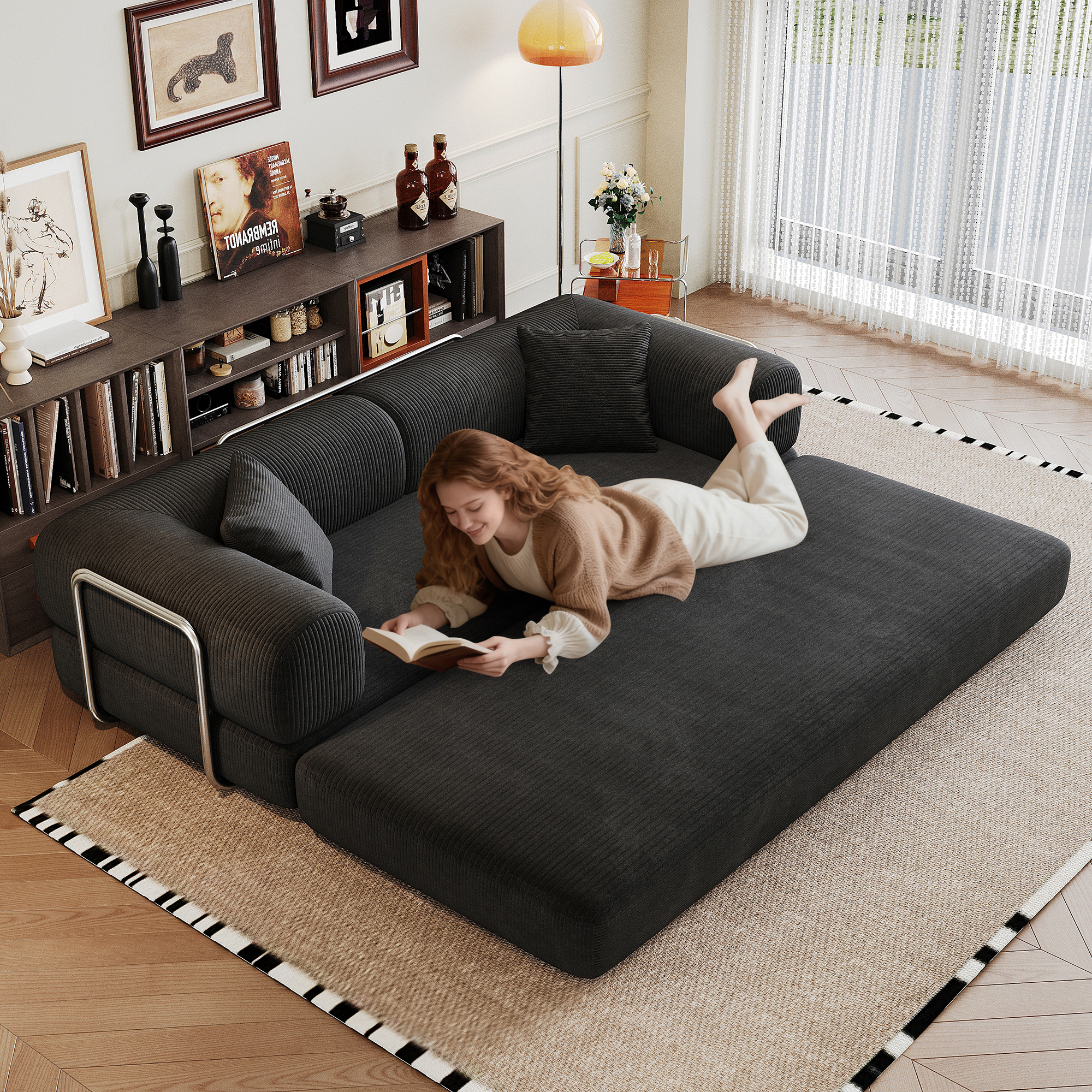 78.8" Compression Sofa,Convertible Floor Sofa Bed-with Pillow Back Support Armrest,Comfy Futon Couch Sleeper Bed,Loveseats Boneless Modular Sectional Sofa,Corduroy fabric,for Living Room,Bedroom,Black - Image 5