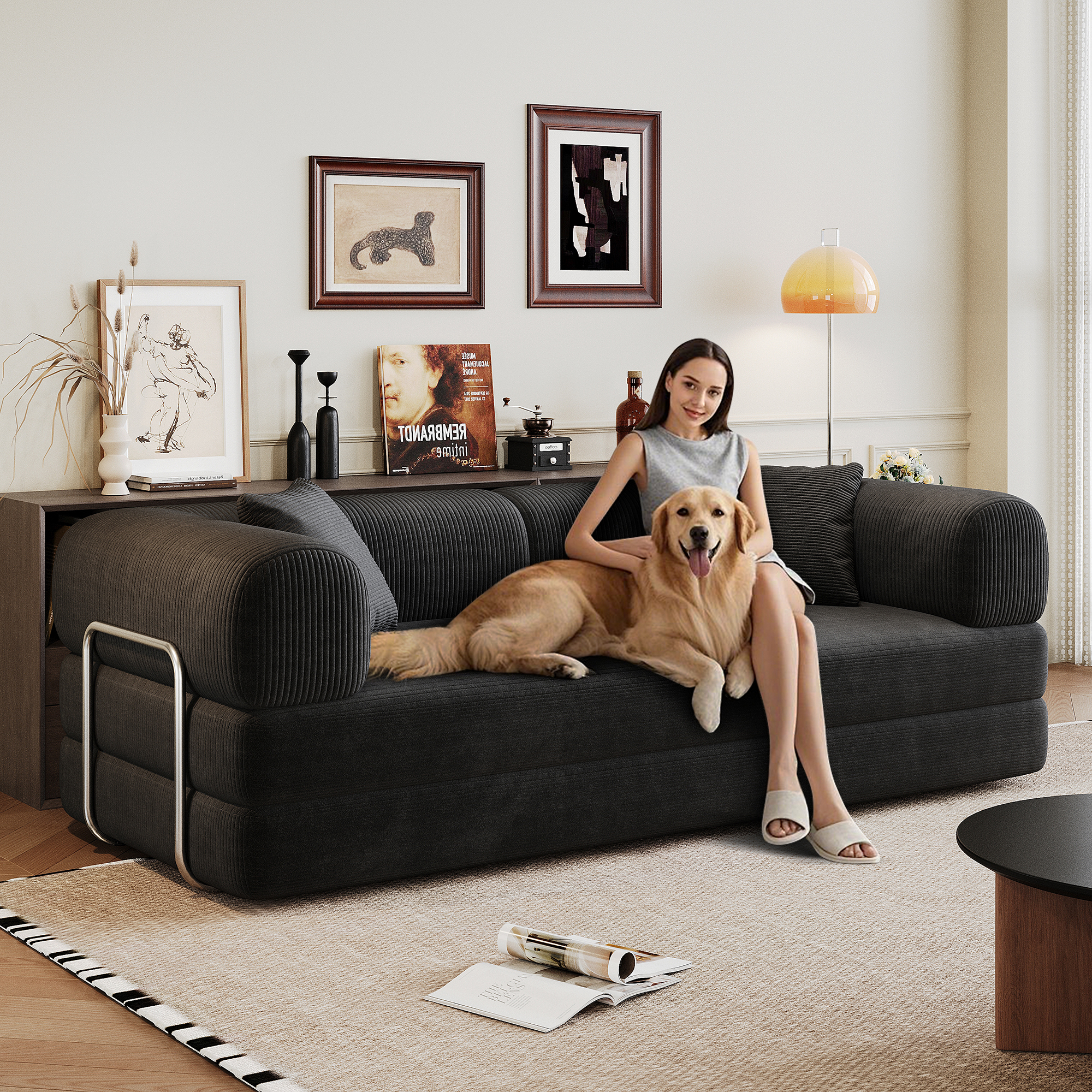 78.8" Compression Sofa,Convertible Floor Sofa Bed-with Pillow Back Support Armrest,Comfy Futon Couch Sleeper Bed,Loveseats Boneless Modular Sectional Sofa,Corduroy fabric,for Living Room,Bedroom,Black - Image 6
