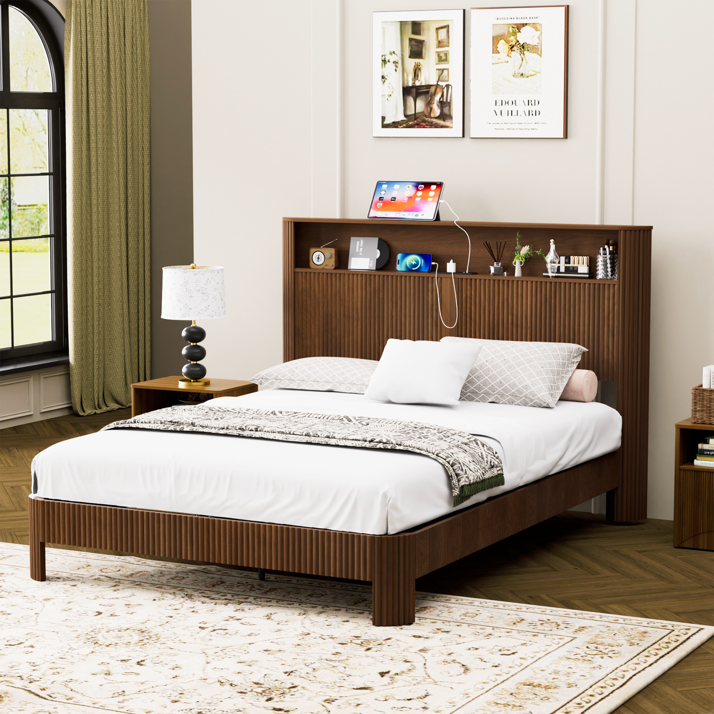 Queen Size bed frame with storage headboard, built-in charging station, wavy curved lines design, silent operation, metal support, Walnut