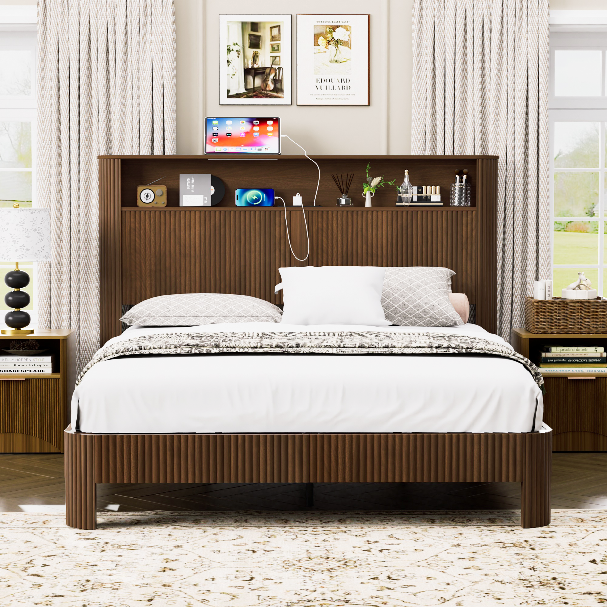 Queen Size bed frame with storage headboard, built-in charging station, wavy curved lines design, silent operation, metal support, Walnut - Image 2