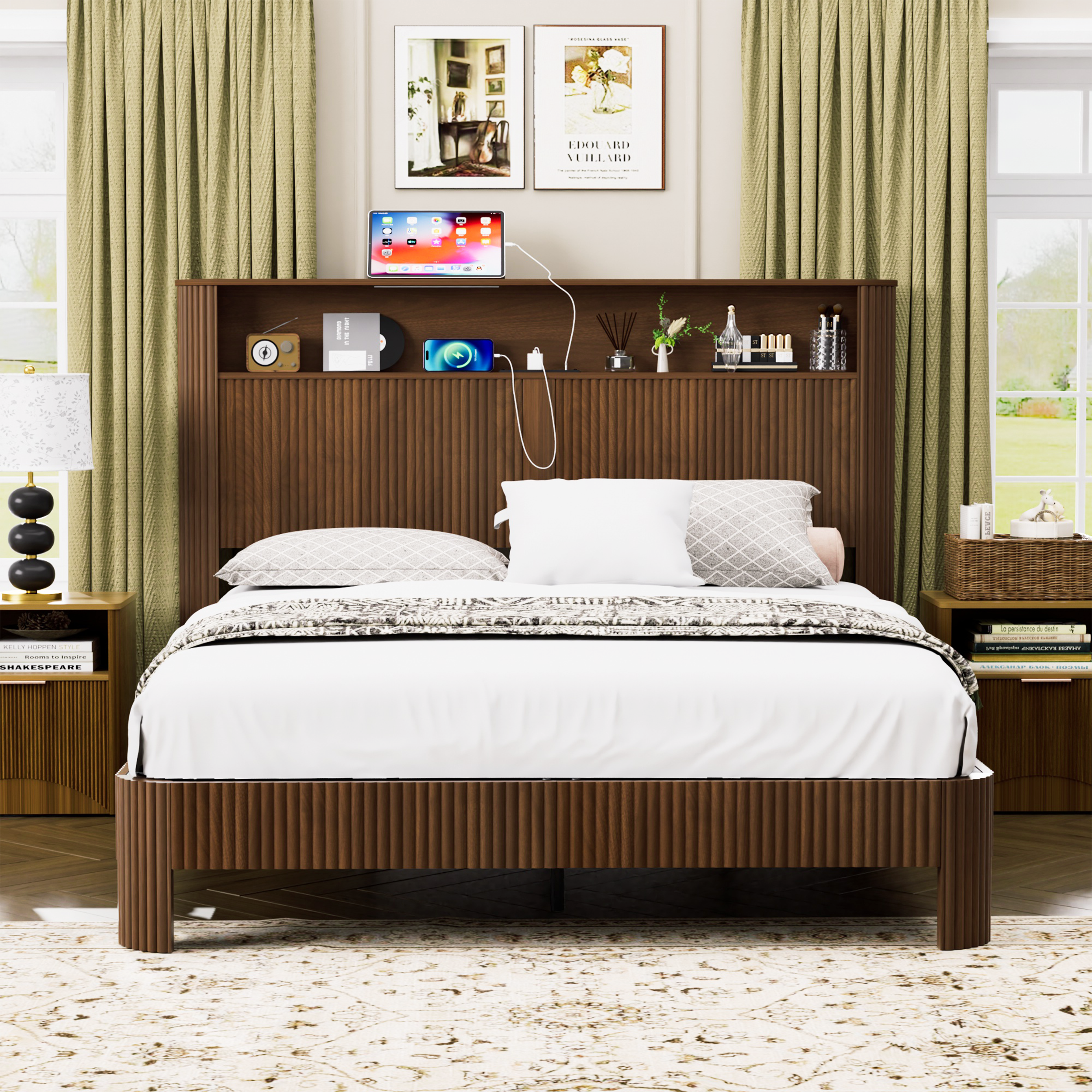Queen Size bed frame with storage headboard, built-in charging station, wavy curved lines design, silent operation, metal support, Walnut - Image 3