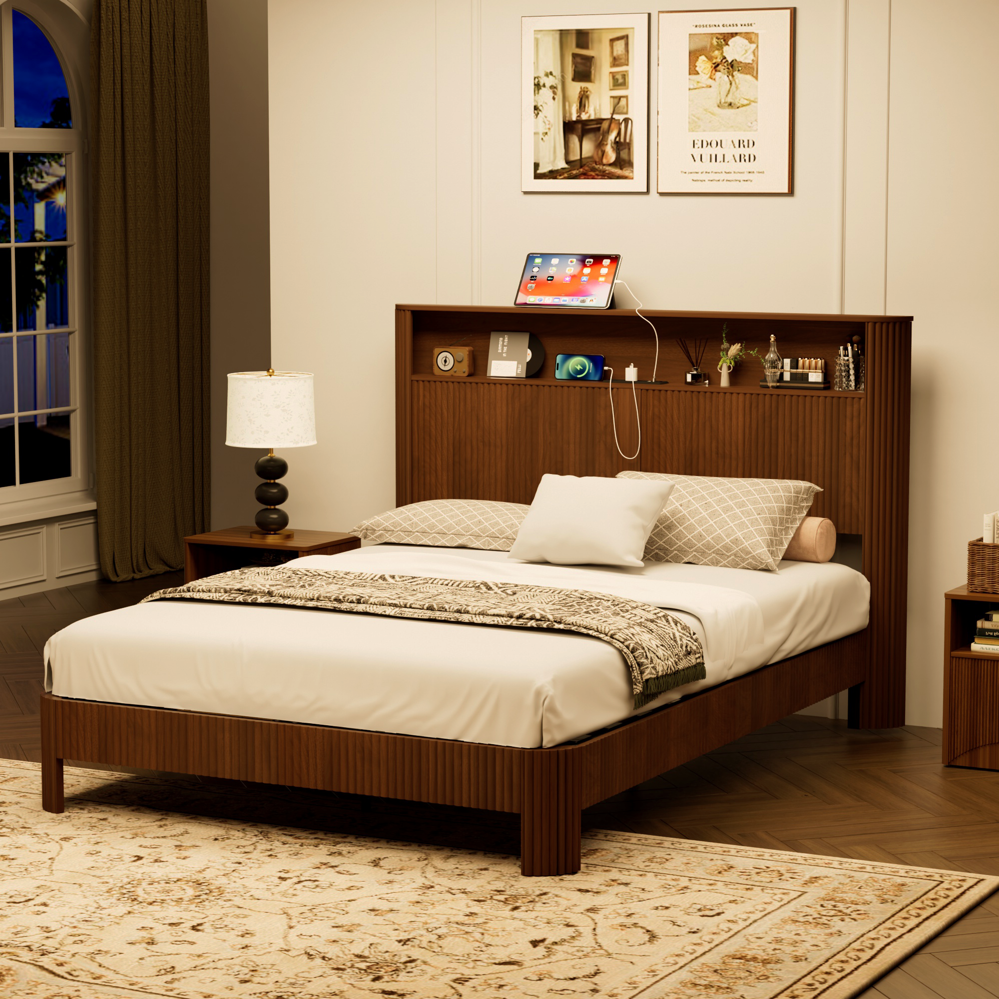 Queen Size bed frame with storage headboard, built-in charging station, wavy curved lines design, silent operation, metal support, Walnut - Image 4