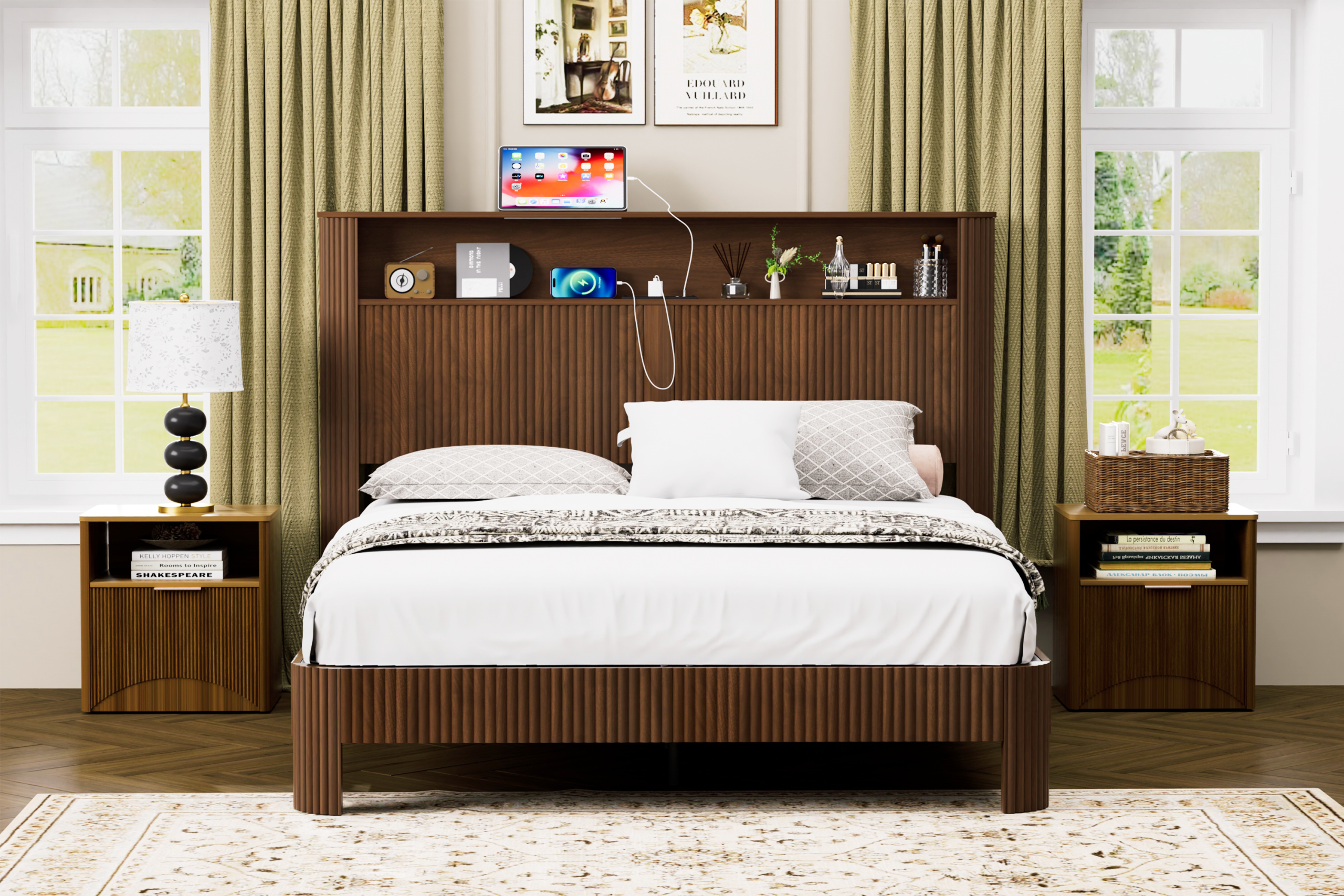 Queen Size bed frame with storage headboard, built-in charging station, wavy curved lines design, silent operation, metal support, Walnut - Image 5