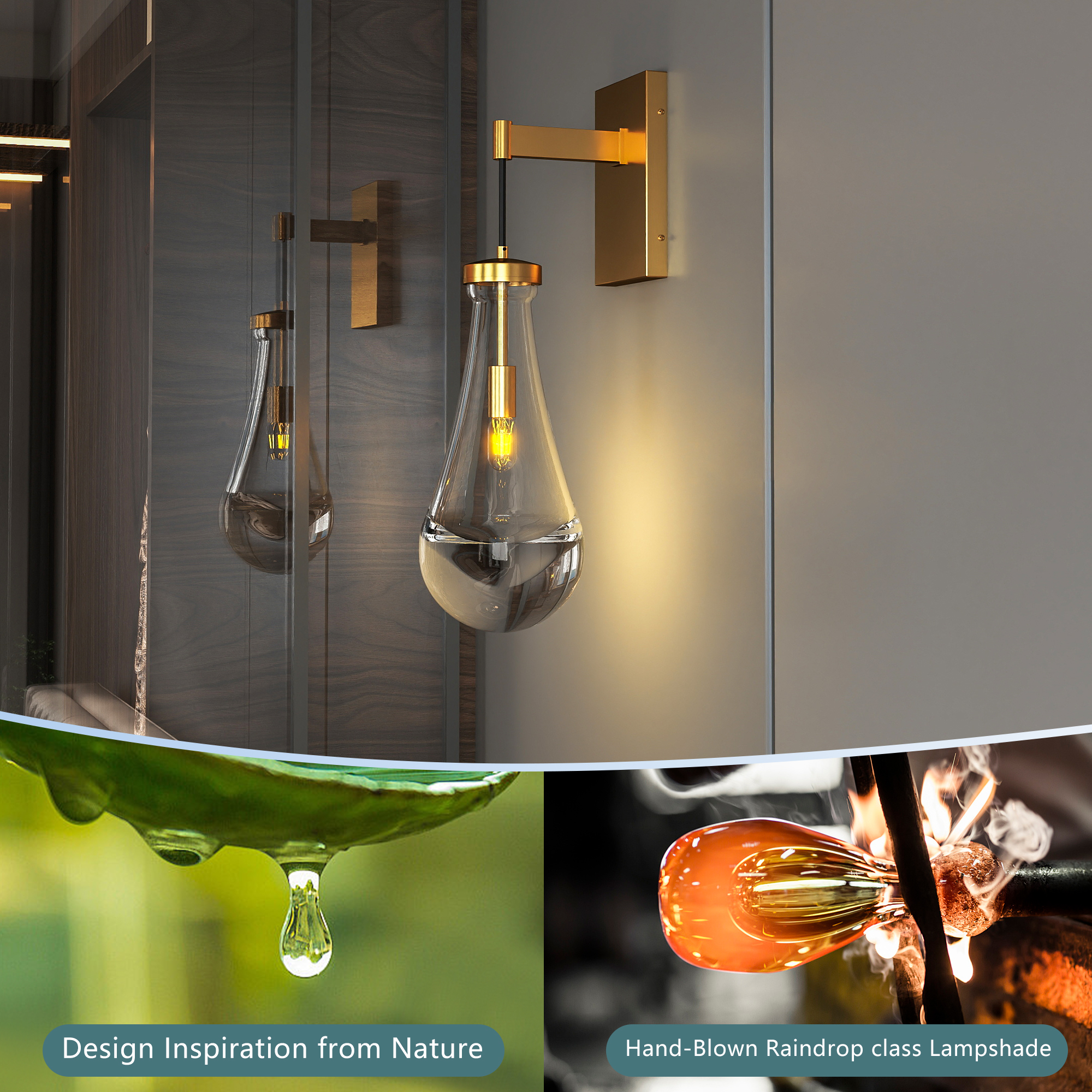 Brass Wall Sconce, Modern Raindrop Glass Shade, Dimmable LED E12 Bulb, Fits Bathroom, Vanity, Living Room, Brass, 1 Pack - Image 3