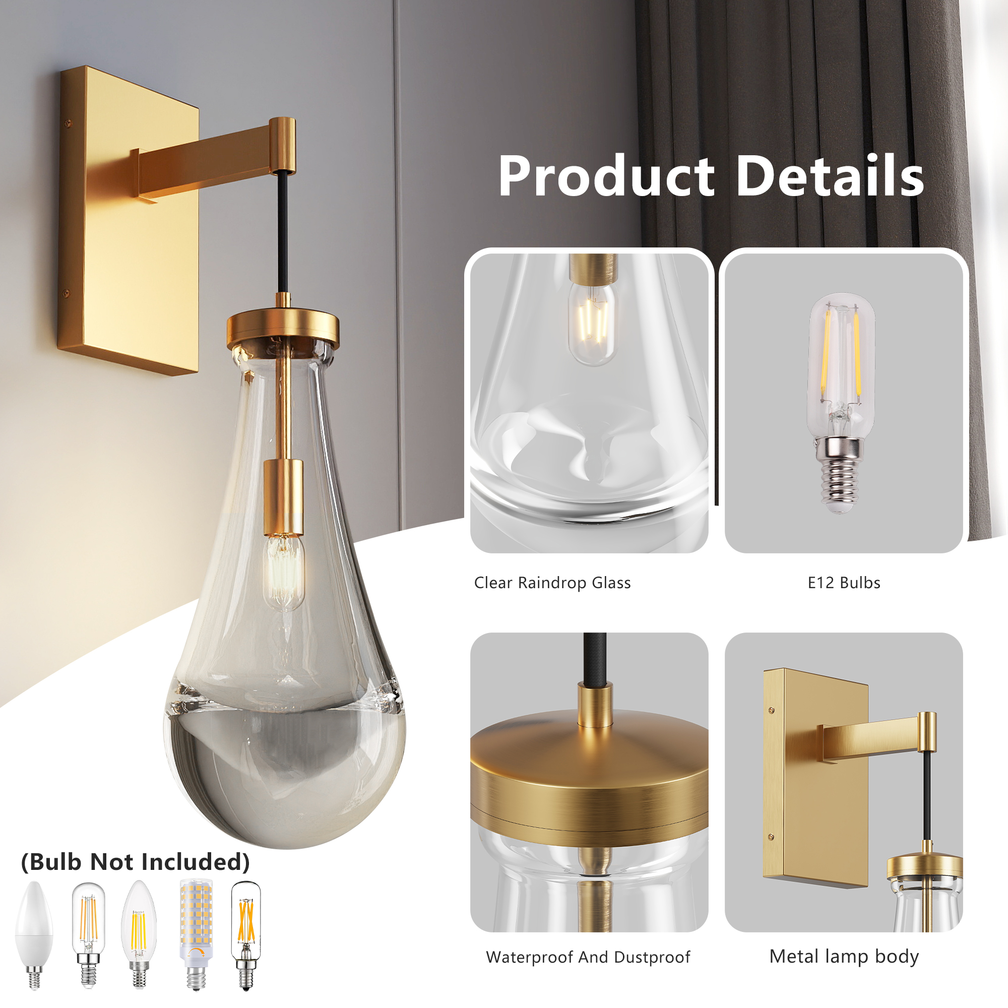 Brass Wall Sconce, Modern Raindrop Glass Shade, Dimmable LED E12 Bulb, Fits Bathroom, Vanity, Living Room, Brass, 1 Pack - Image 6