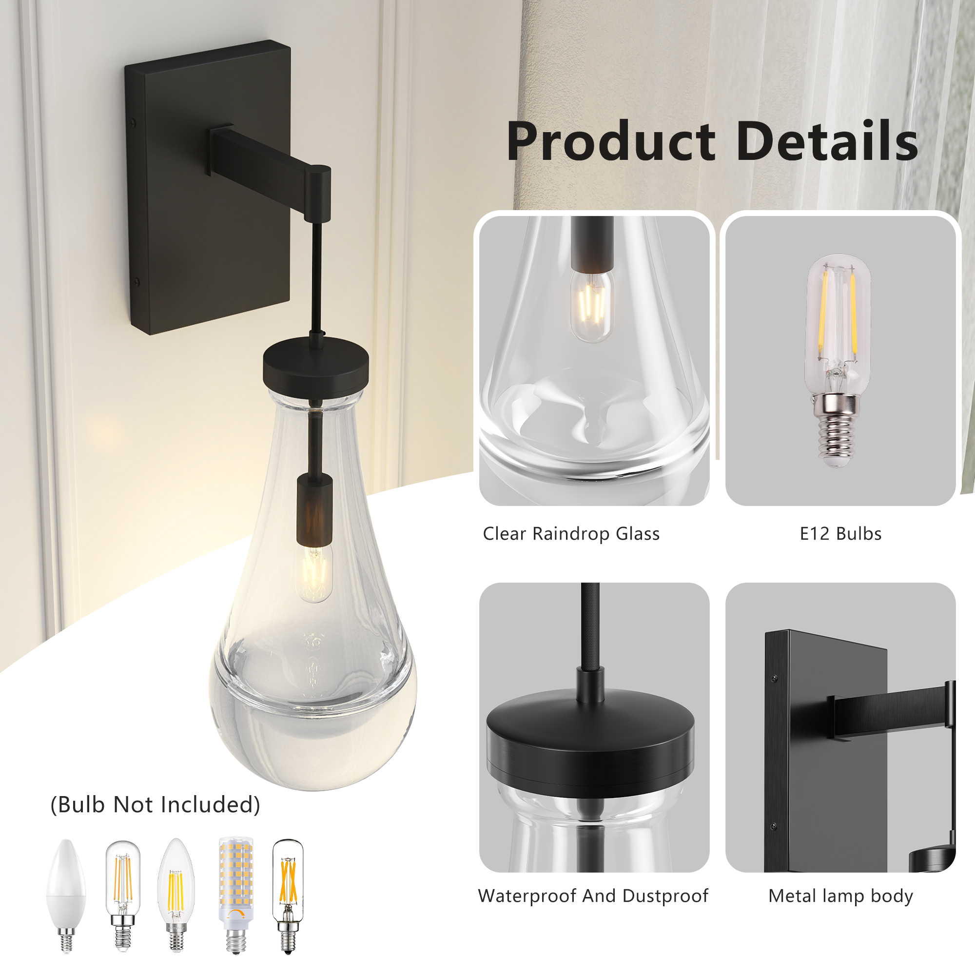 Wall Sconces, Black Wall Sconces Modern Bathroom Lights, Sconces Wall Lighting with Clear Glass, Wall Mounted Light Wall Lamp for Living Room Hallway Reception Desk - Image 5