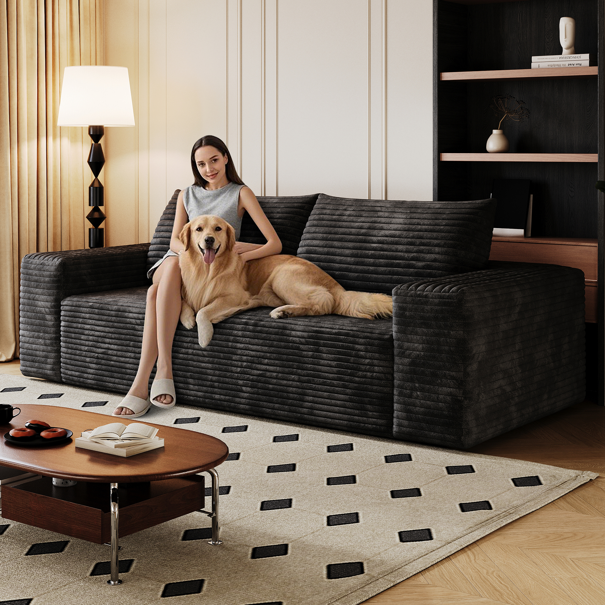 71" 3Setaser Sofa,Corduroy Fabric,Deep Seat Couches,Comfy Loveseat Sofa,No Assembly,1pcs for Living room, Bedroom,Conference room ,Apartment,Black - Image 3
