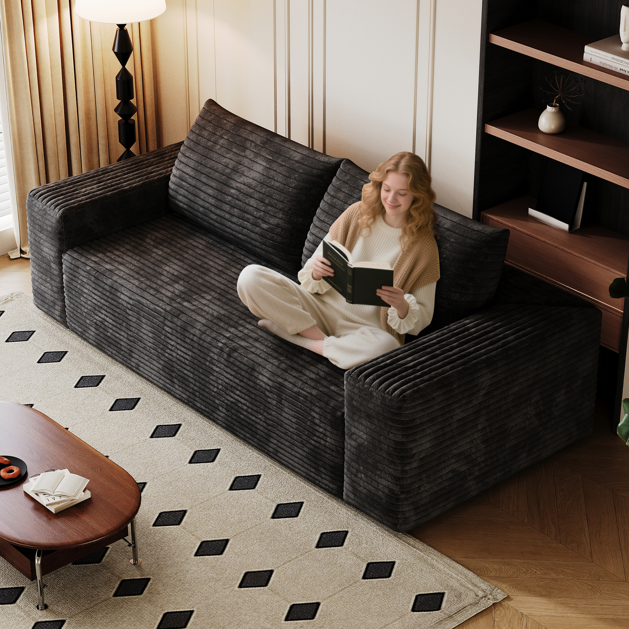 71" 3Setaser Sofa,Corduroy Fabric,Deep Seat Couches,Comfy Loveseat Sofa,No Assembly,1pcs for Living room, Bedroom,Conference room ,Apartment,Black - Image 6