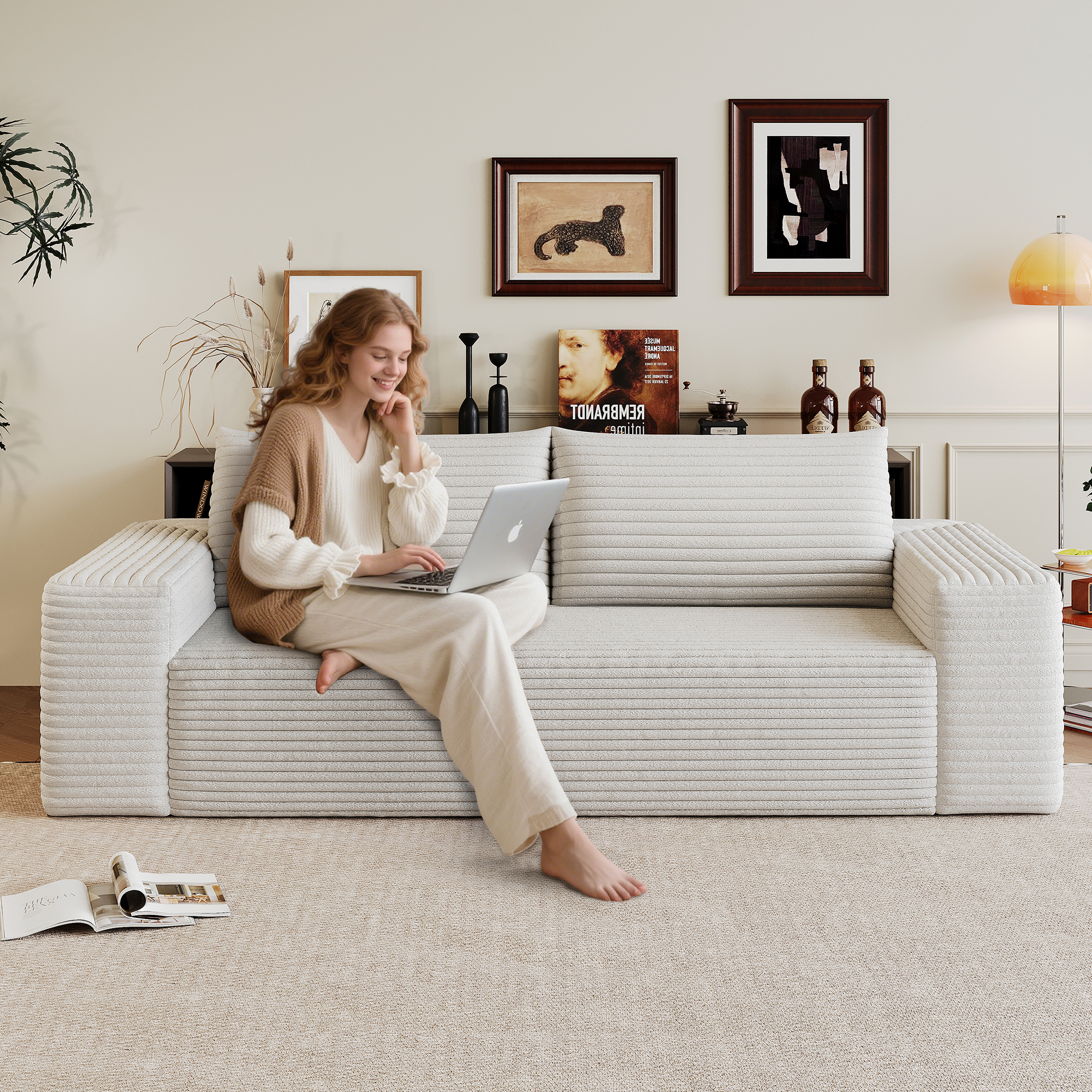 71" 3Setaser Sofa,Corduroy Fabric,Deep Seat Couches,Comfy Loveseat Sofa,No Assembly,1pcs for Living room, Bedroom,Conference room ,Apartment,White - Image 2