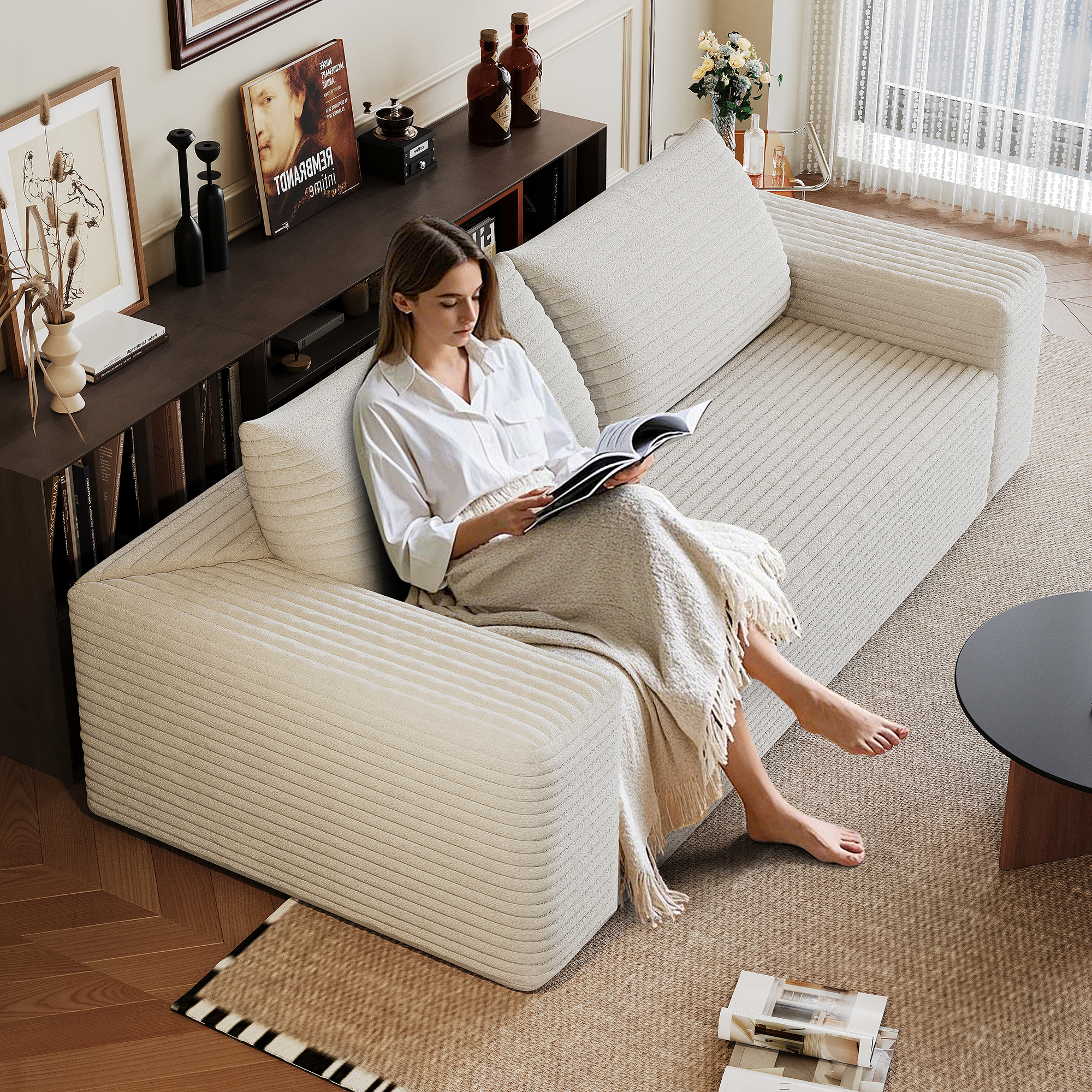 71" 3Setaser Sofa,Corduroy Fabric,Deep Seat Couches,Comfy Loveseat Sofa,No Assembly,1pcs for Living room, Bedroom,Conference room ,Apartment,White - Image 5