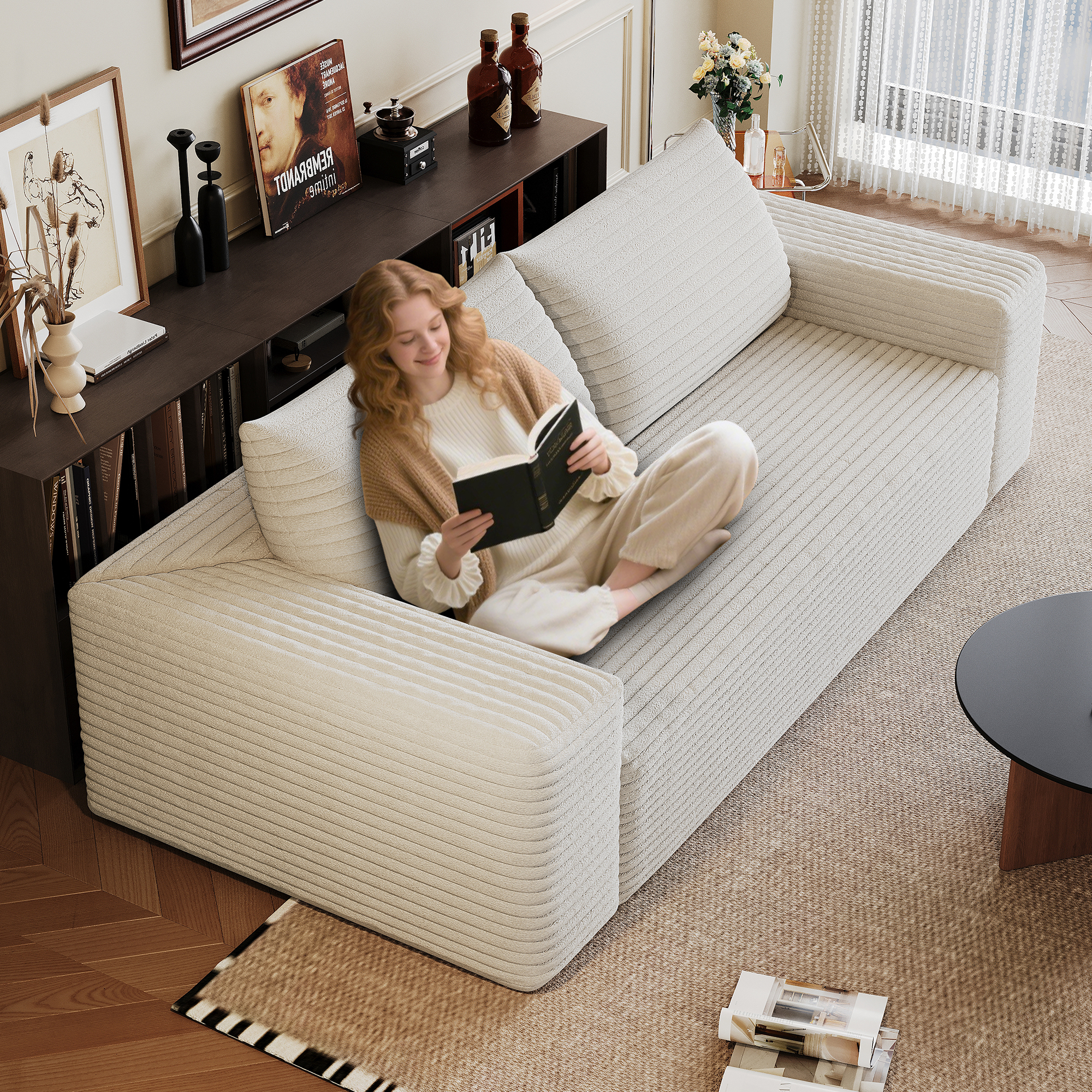 71" 3Setaser Sofa,Corduroy Fabric,Deep Seat Couches,Comfy Loveseat Sofa,No Assembly,1pcs for Living room, Bedroom,Conference room ,Apartment,White - Image 6