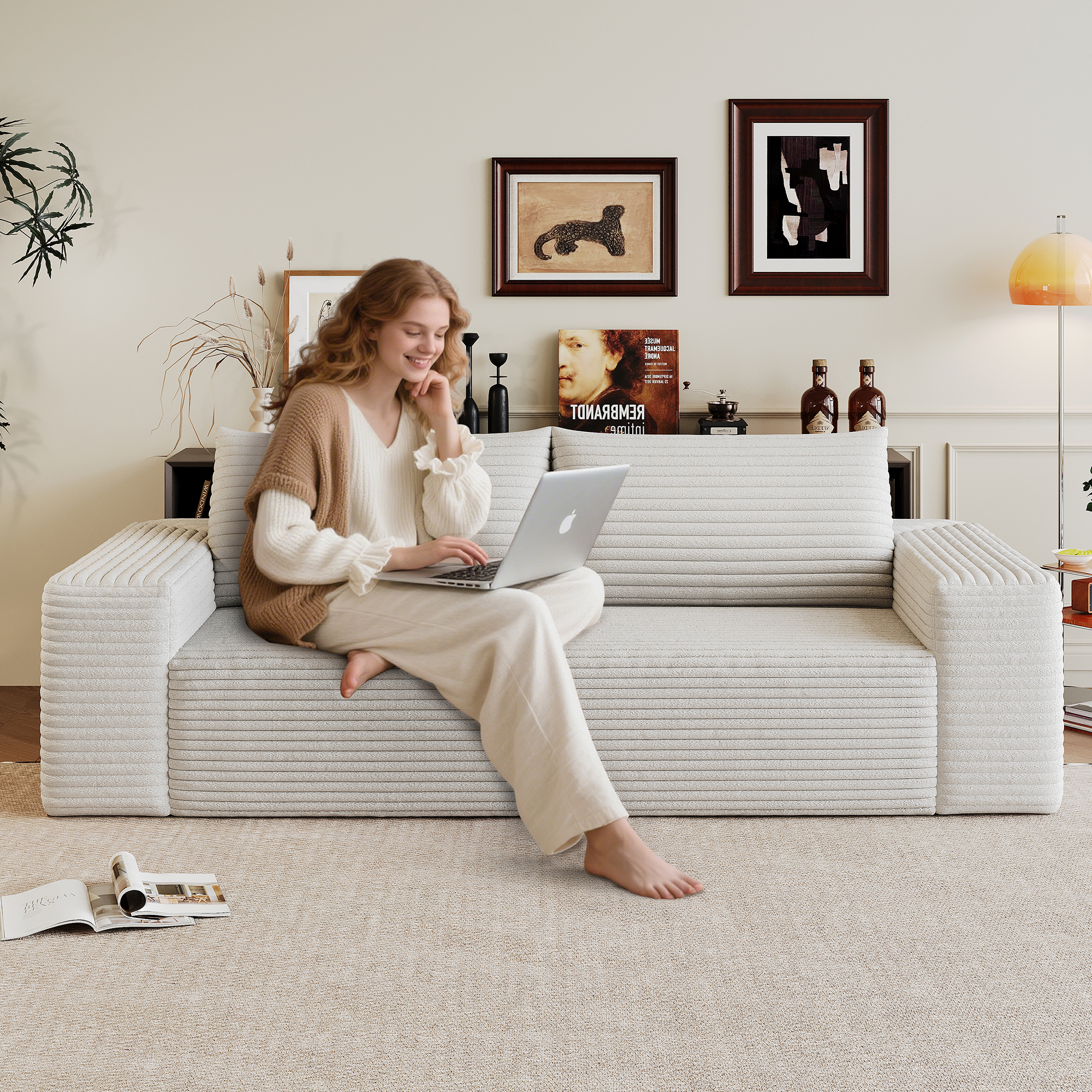 63" 2Setaser Sofa,Corduroy Fabric,Deep Seat Couches,Comfy Loveseat Sofa,No Assembly,1pcs for Living room, Bedroom,Conference room ,Apartment,White - Image 2