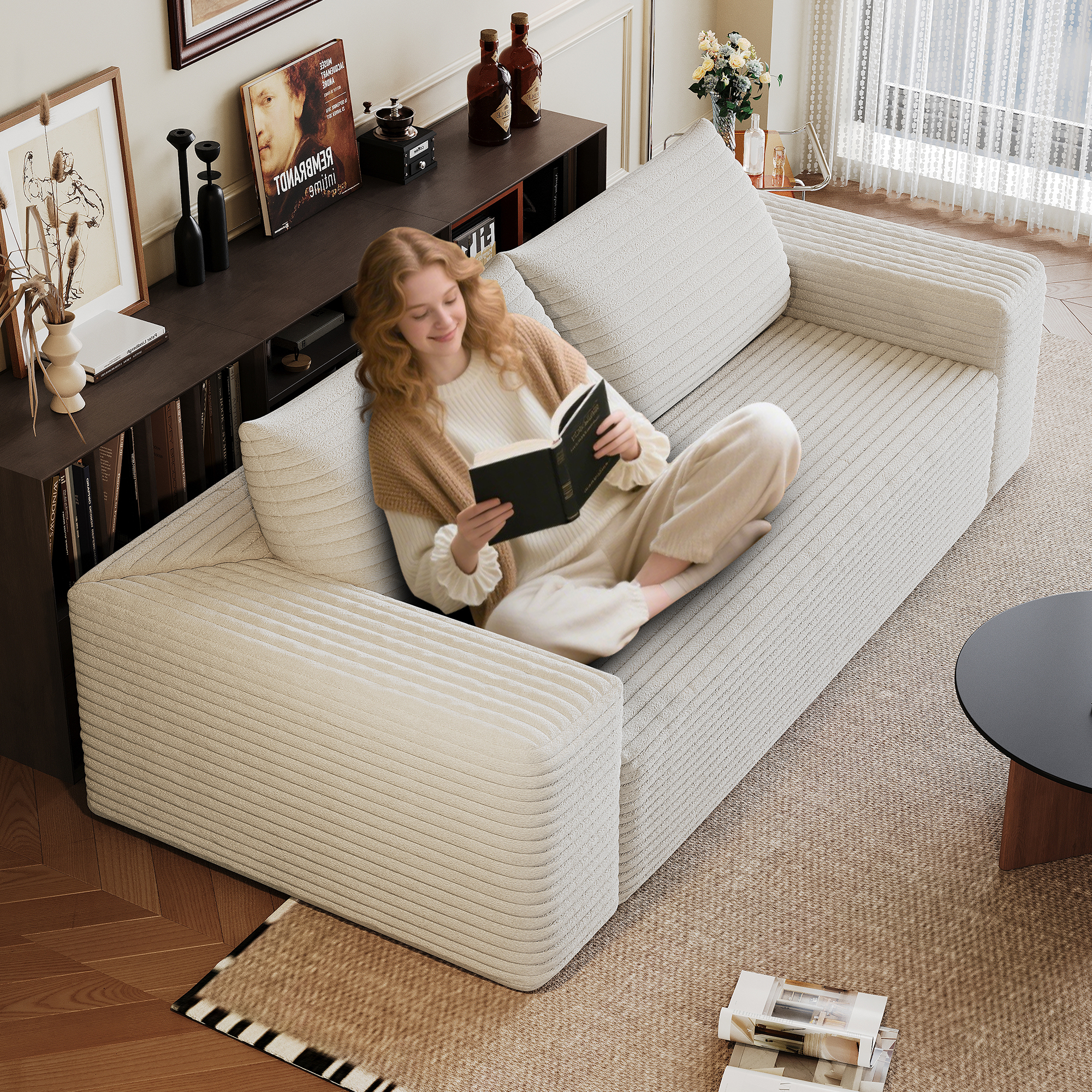 63" 2Setaser Sofa,Corduroy Fabric,Deep Seat Couches,Comfy Loveseat Sofa,No Assembly,1pcs for Living room, Bedroom,Conference room ,Apartment,White - Image 3