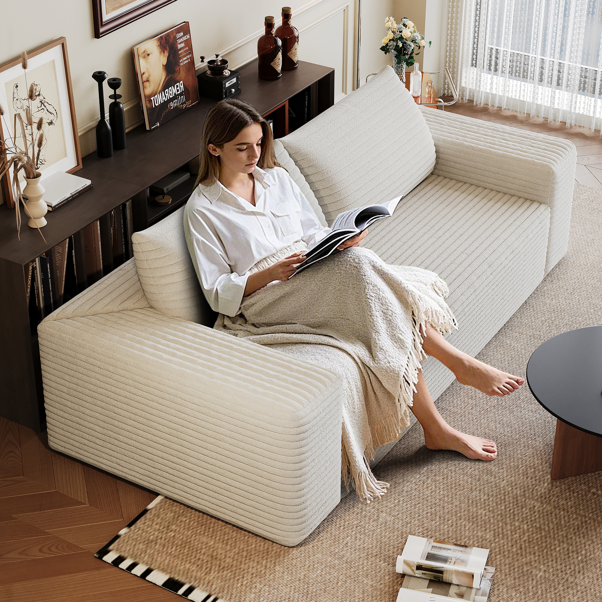 63" 2Setaser Sofa,Corduroy Fabric,Deep Seat Couches,Comfy Loveseat Sofa,No Assembly,1pcs for Living room, Bedroom,Conference room ,Apartment,White - Image 4