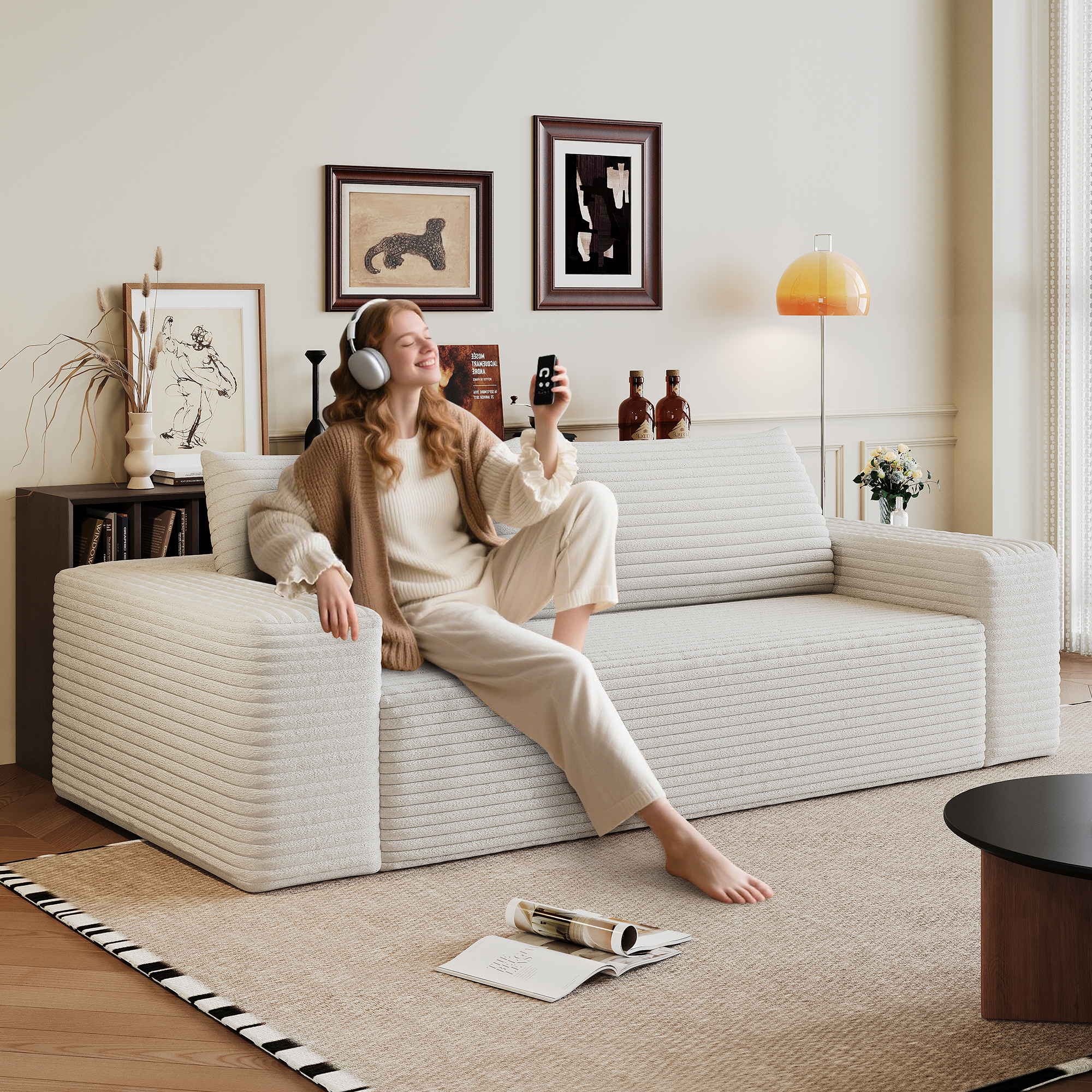 63" 2Setaser Sofa,Corduroy Fabric,Deep Seat Couches,Comfy Loveseat Sofa,No Assembly,1pcs for Living room, Bedroom,Conference room ,Apartment,White - Image 5