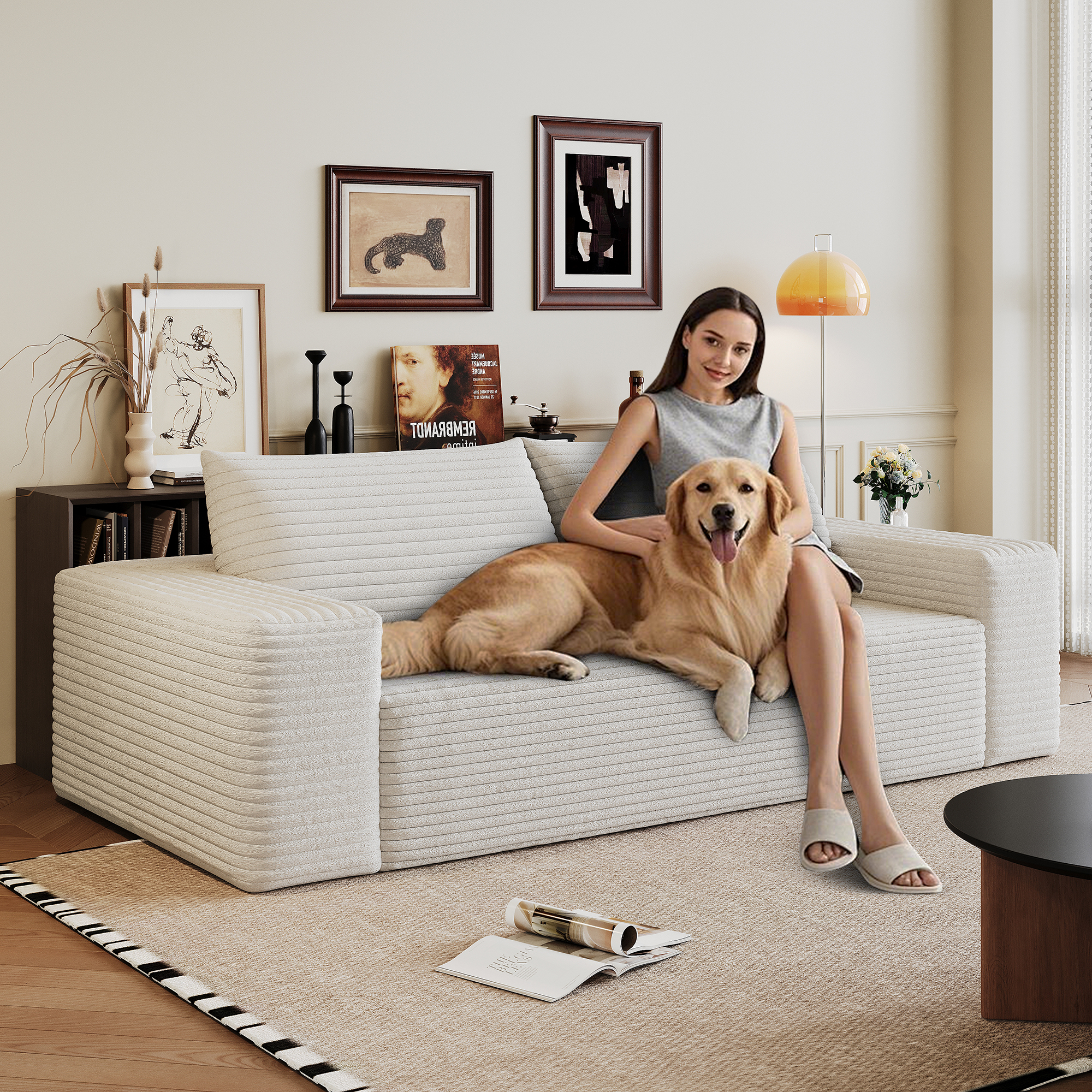63" 2Setaser Sofa,Corduroy Fabric,Deep Seat Couches,Comfy Loveseat Sofa,No Assembly,1pcs for Living room, Bedroom,Conference room ,Apartment,White - Image 6