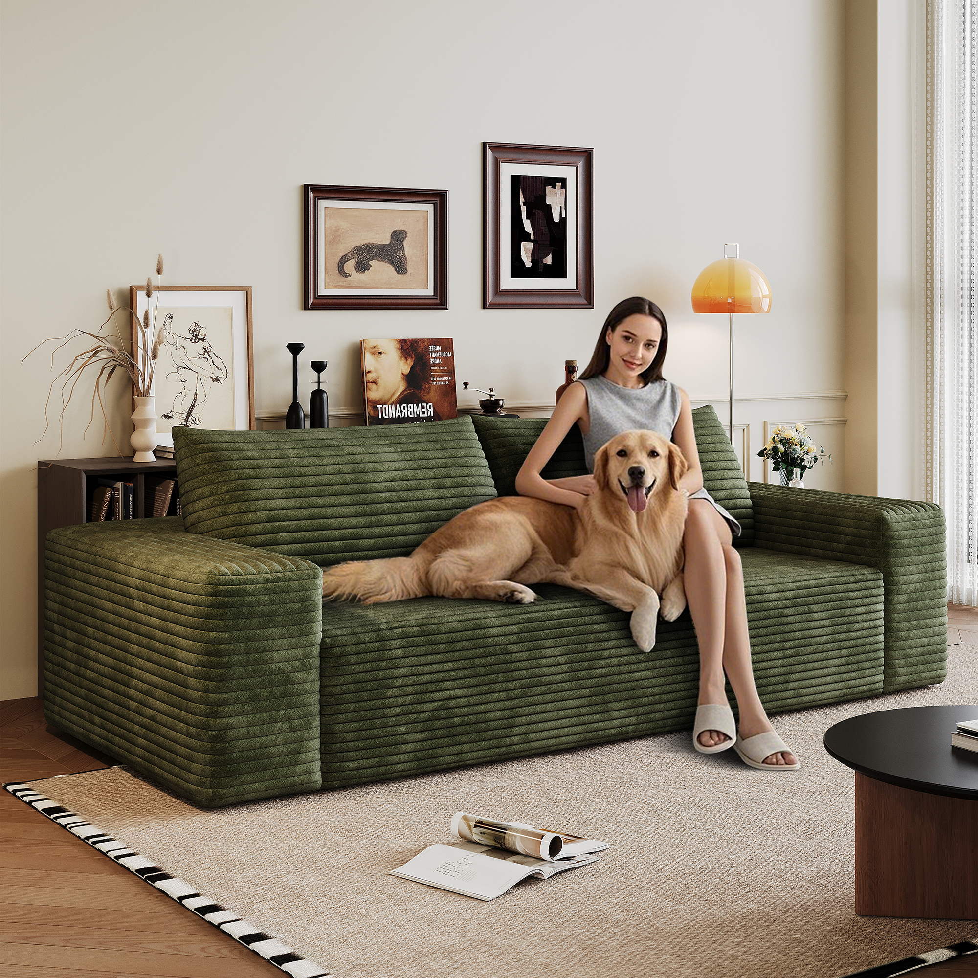 71" 3Setaser Sofa,Corduroy Fabric,Deep Seat Couches,Comfy Loveseat Sofa,No Assembly,1pcs for Living room, Bedroom,Conference room ,Apartment,Green - Image 2