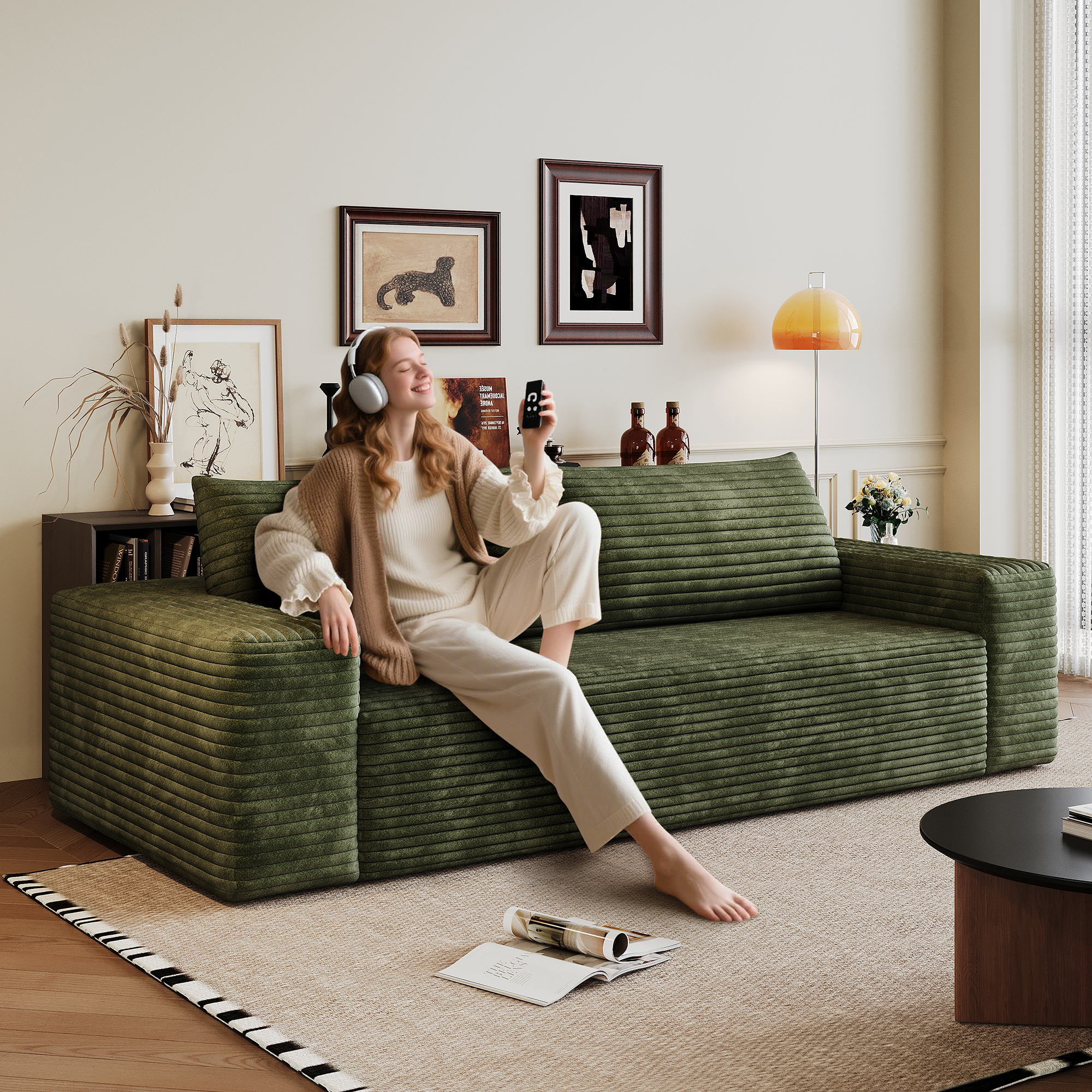71" 3Setaser Sofa,Corduroy Fabric,Deep Seat Couches,Comfy Loveseat Sofa,No Assembly,1pcs for Living room, Bedroom,Conference room ,Apartment,Green - Image 4