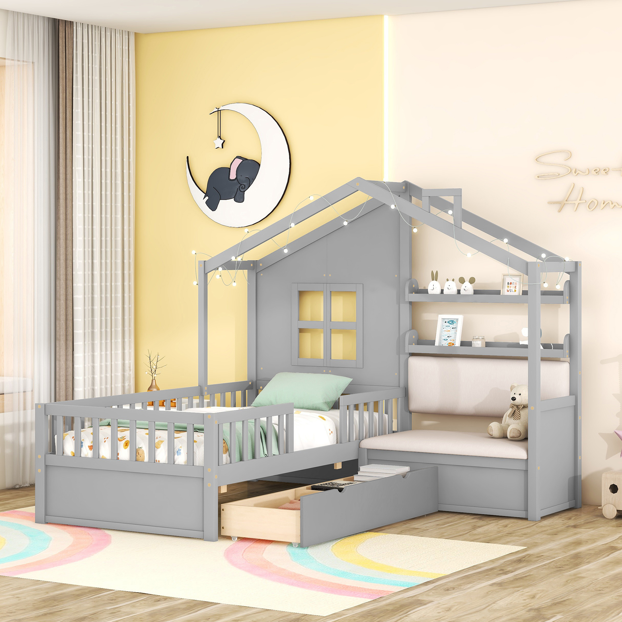 Twin Size House Bed with Sofa, Kids Platform Bed with Two Drawers and Storage Shelf, Gray (Old SKU:HL000065AAE) - Image 1