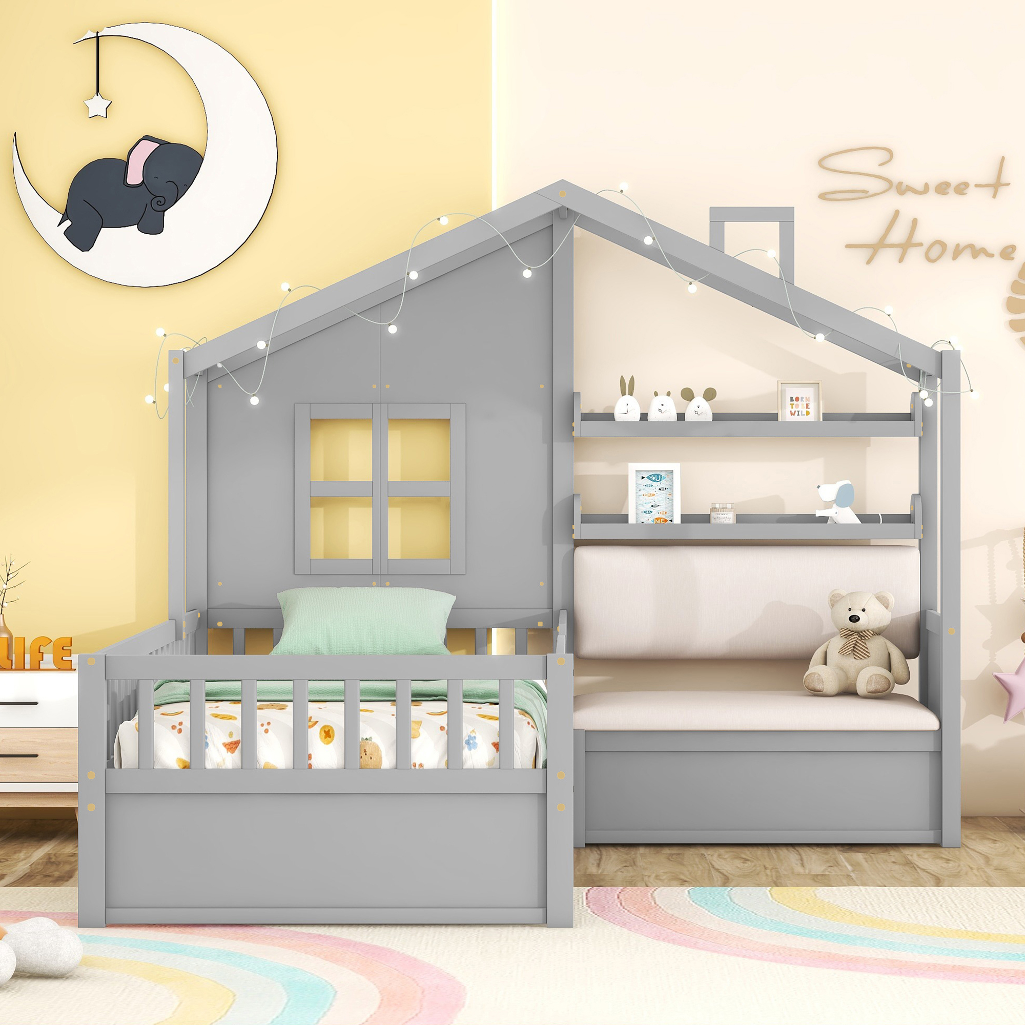 Twin Size House Bed with Sofa, Kids Platform Bed with Two Drawers and Storage Shelf, Gray (Old SKU:HL000065AAE) - Image 2