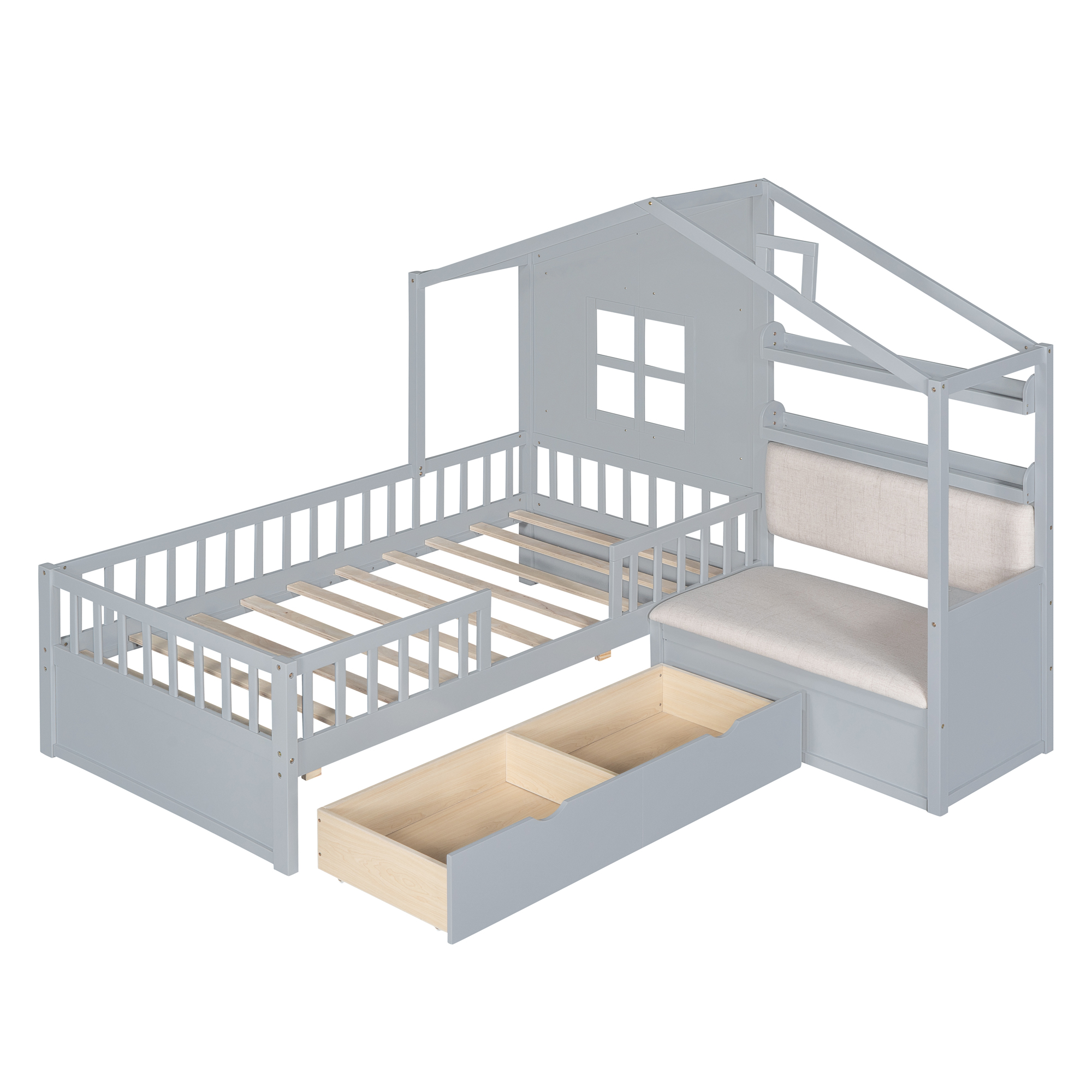 Twin Size House Bed with Sofa, Kids Platform Bed with Two Drawers and Storage Shelf, Gray (Old SKU:HL000065AAE) - Image 4