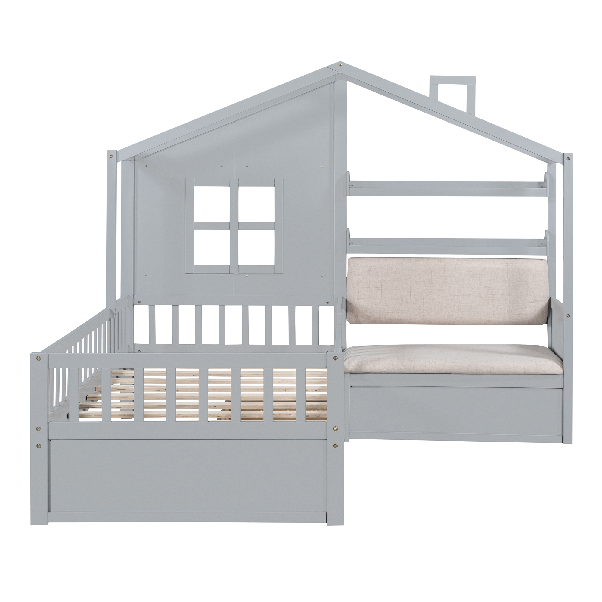 Twin Size House Bed with Sofa, Kids Platform Bed with Two Drawers and Storage Shelf, Gray (Old SKU:HL000065AAE) - Image 3