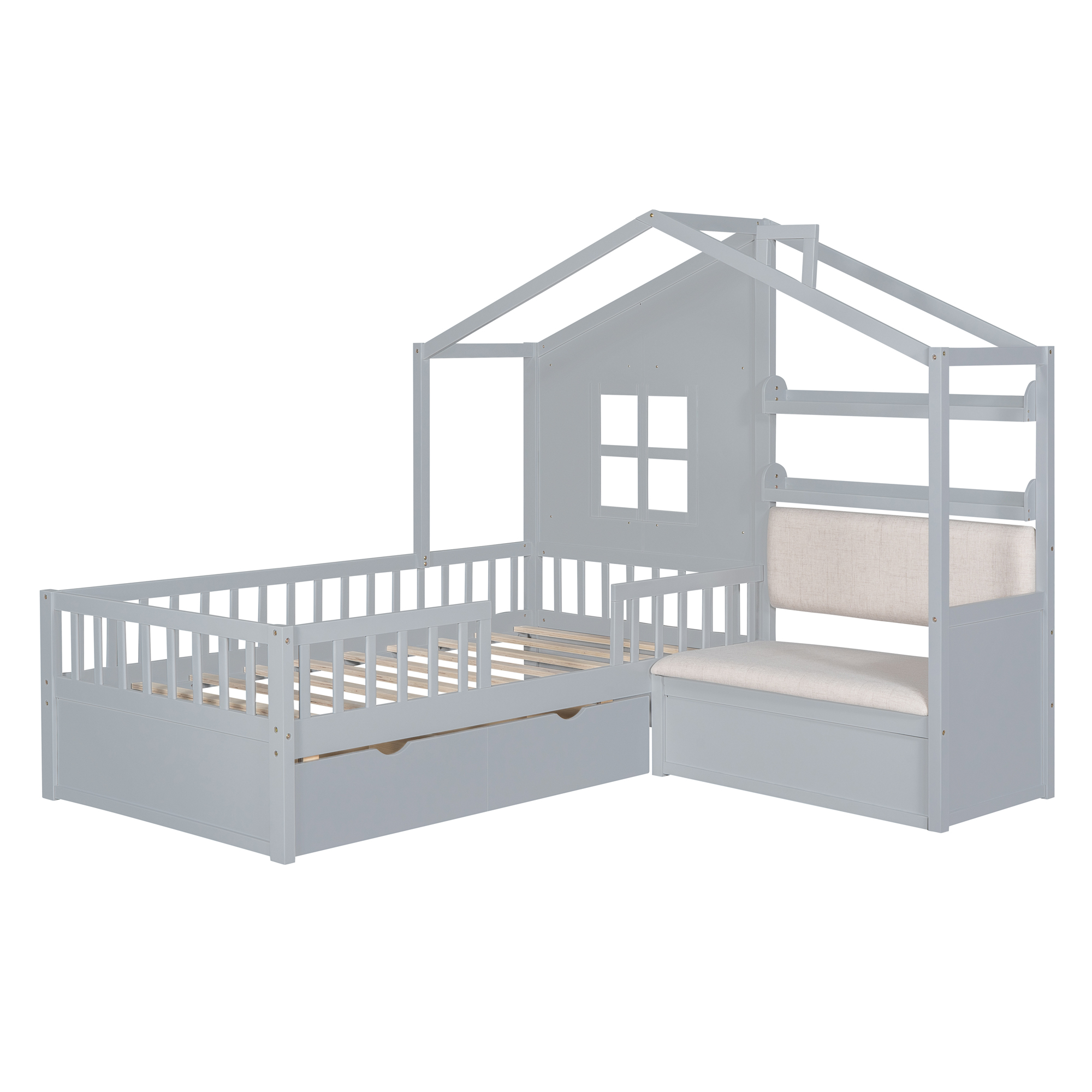 Twin Size House Bed with Sofa, Kids Platform Bed with Two Drawers and Storage Shelf, Gray (Old SKU:HL000065AAE) - Image 5
