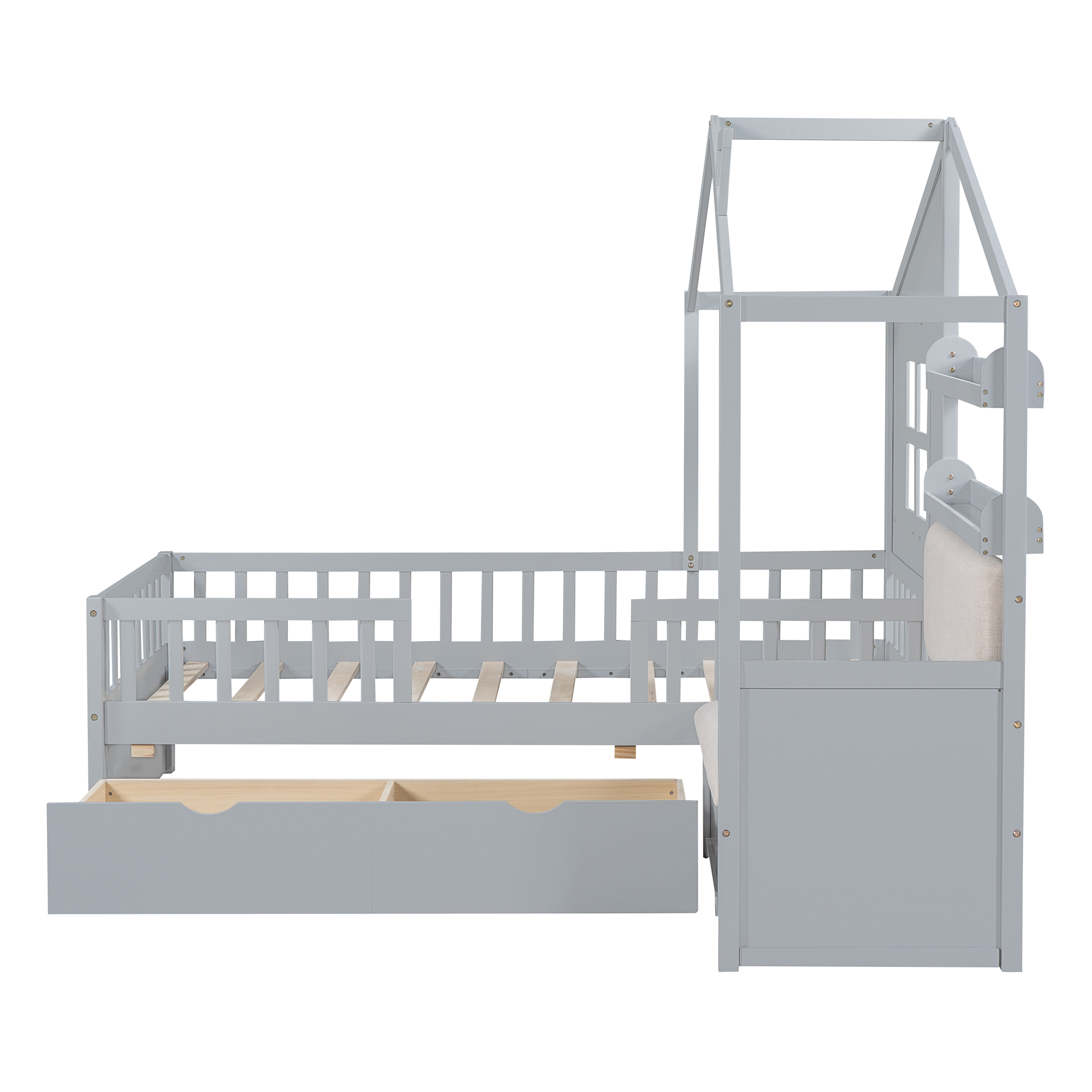 Twin Size House Bed with Sofa, Kids Platform Bed with Two Drawers and Storage Shelf, Gray (Old SKU:HL000065AAE) - Image 6