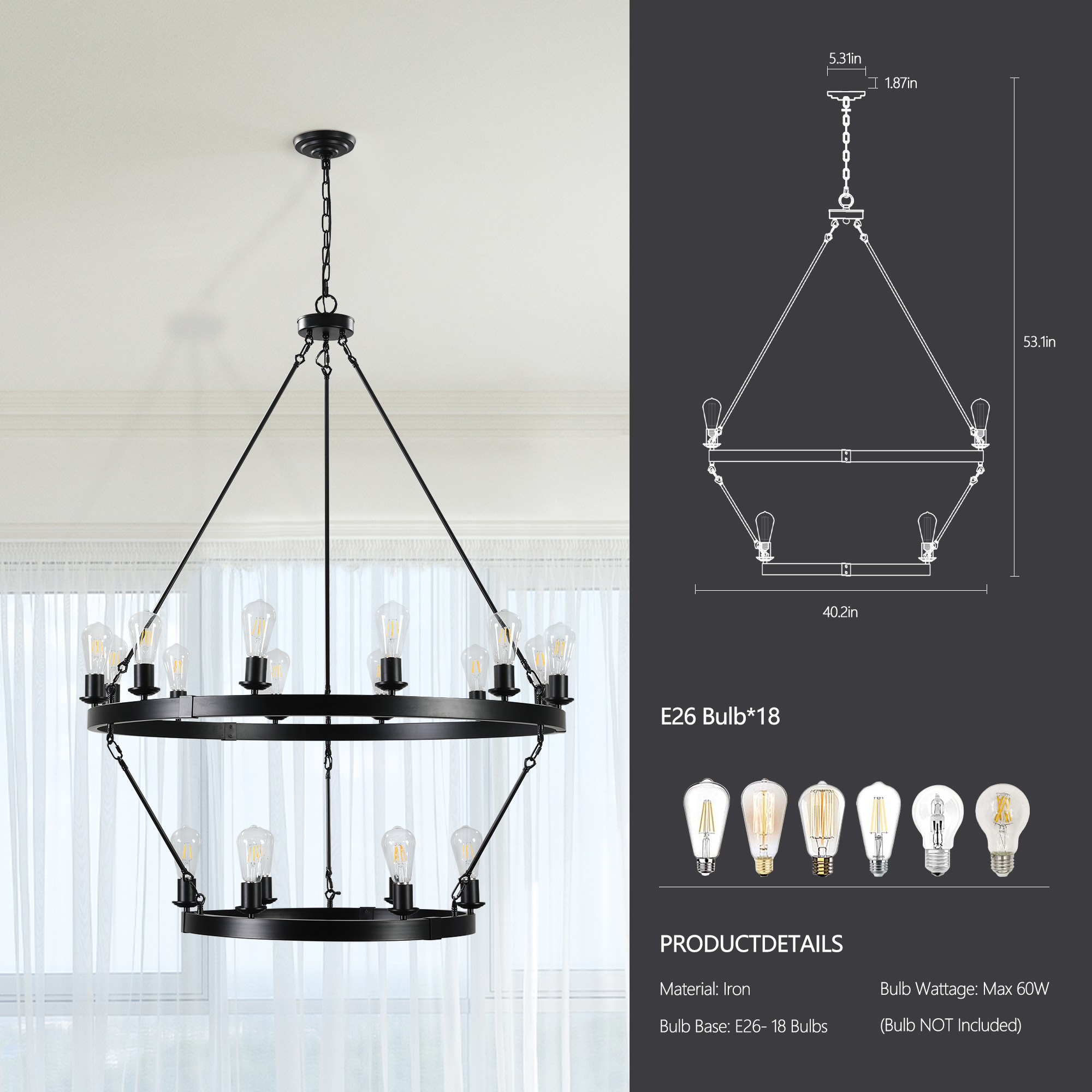 (NEW SKU:W1340P206659) Retro style Large 2-Tier circular ceiling Ironwork chandelier - Image 4