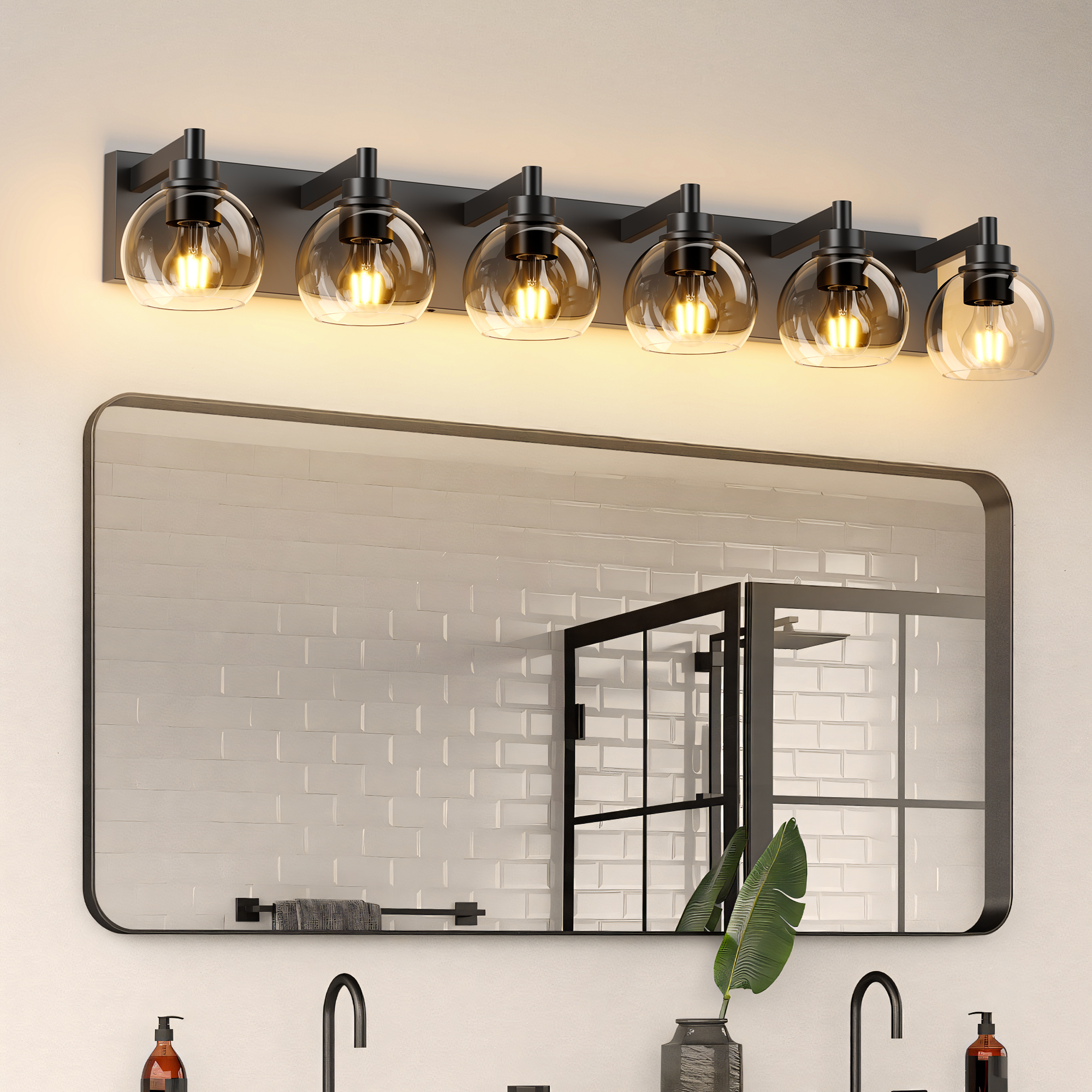 Farmhouse Bathroom Vanity Light Fixtures, 6-Light Bathroom Light Fixtures Over Mirror, Rustic Sconces Wall Lighting with Glass Shade for Living Room, Bedroom, Hallway - Image 2