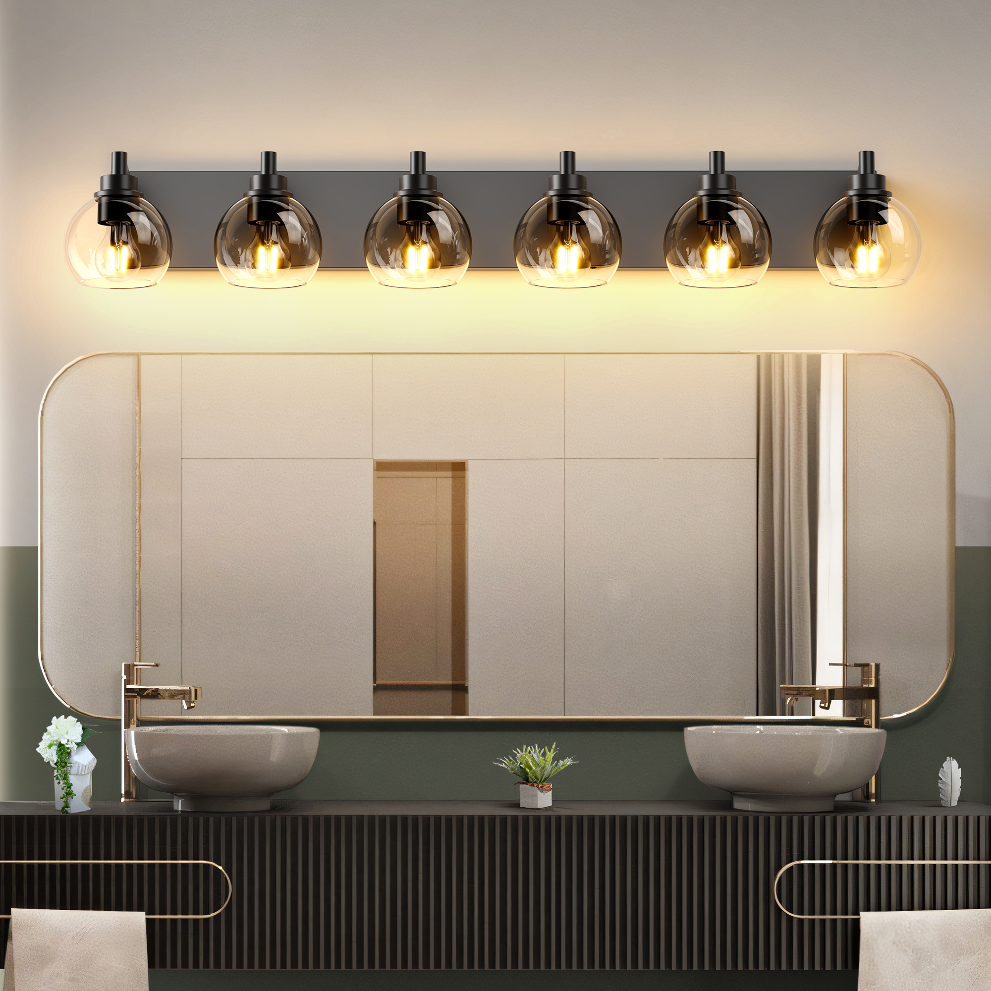 Farmhouse Bathroom Vanity Light Fixtures, 6-Light Bathroom Light Fixtures Over Mirror, Rustic Sconces Wall Lighting with Glass Shade for Living Room, Bedroom, Hallway - Image 3