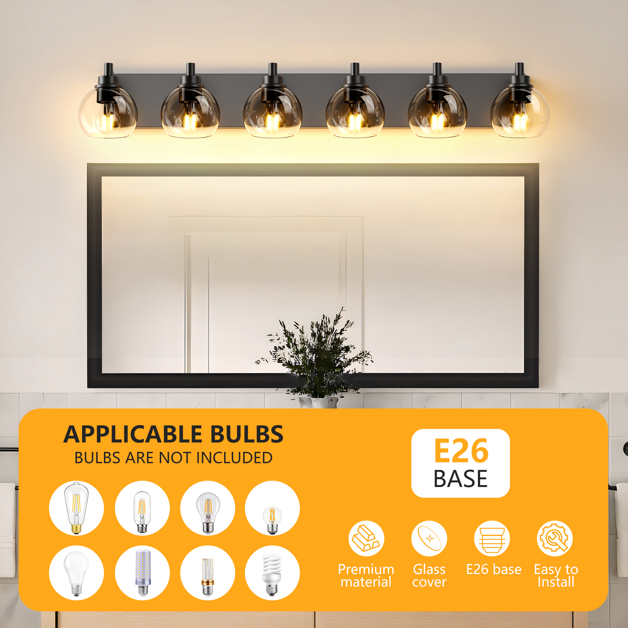 Farmhouse Bathroom Vanity Light Fixtures, 6-Light Bathroom Light Fixtures Over Mirror, Rustic Sconces Wall Lighting with Glass Shade for Living Room, Bedroom, Hallway - Image 4