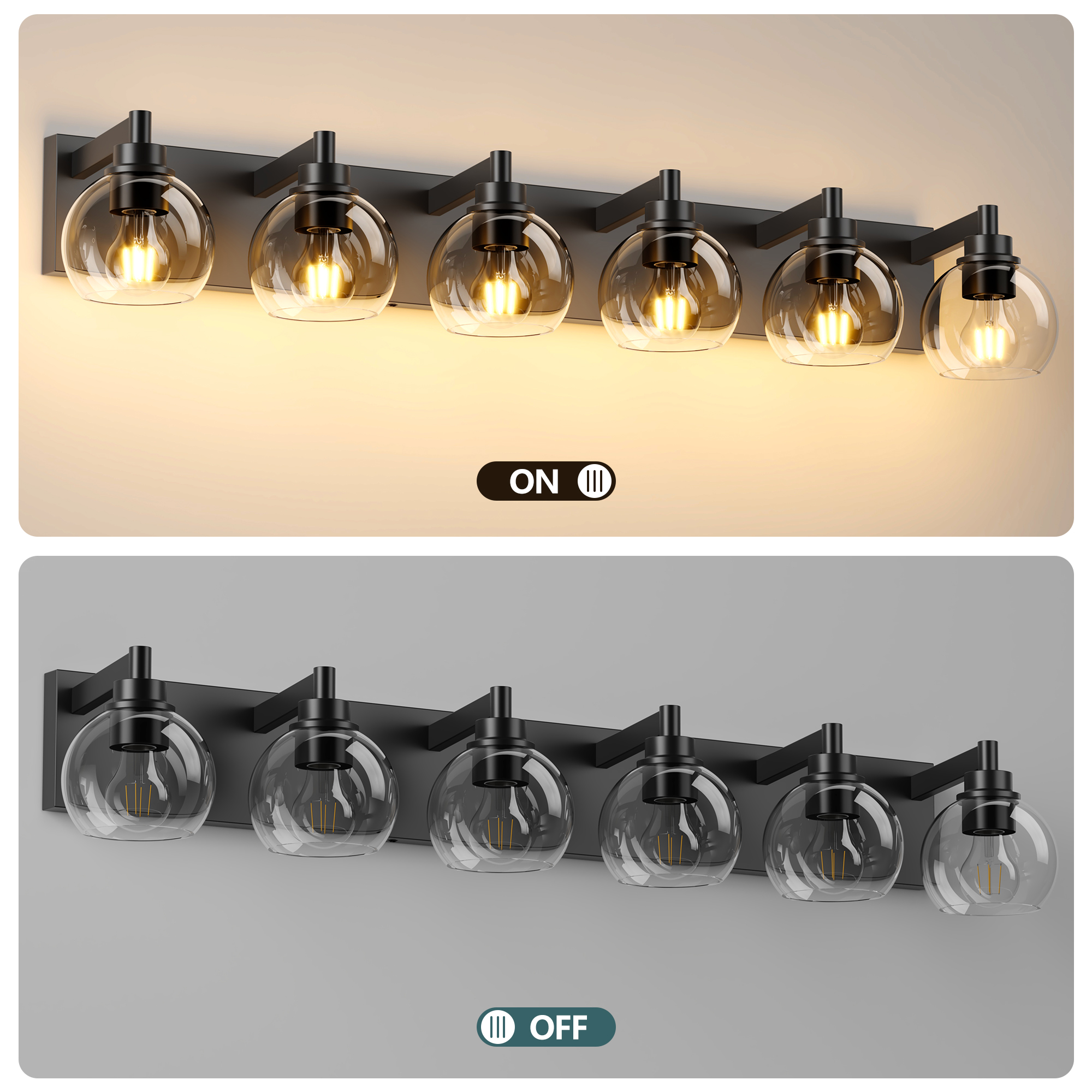 Farmhouse Bathroom Vanity Light Fixtures, 6-Light Bathroom Light Fixtures Over Mirror, Rustic Sconces Wall Lighting with Glass Shade for Living Room, Bedroom, Hallway - Image 6