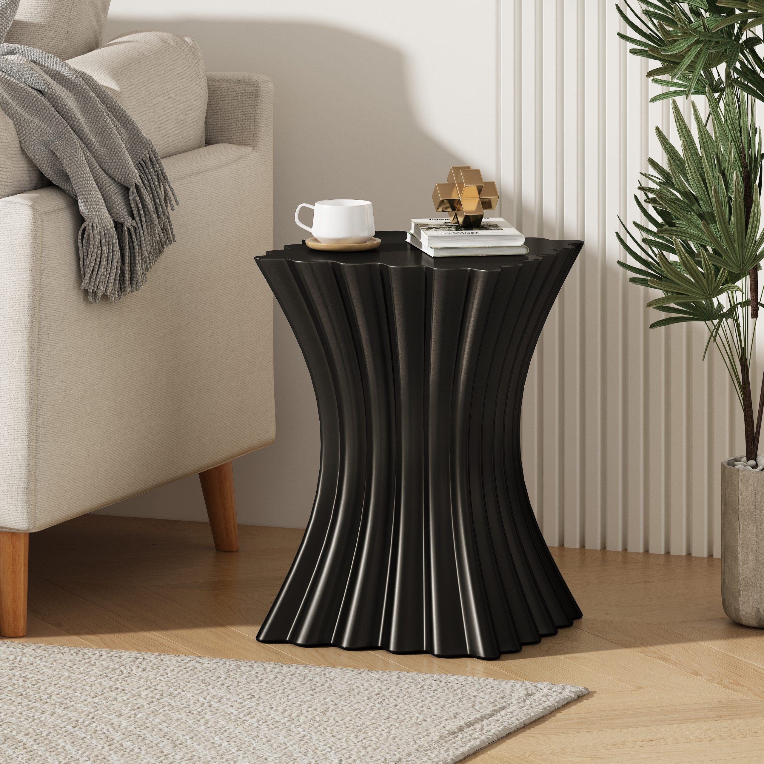 Outdoor Side Table,Wave Design End Table,Decorative Accent Table,Lightweight Concrete Patio Garden Stool Table for Patio Balcony Beach Pool Side,Black Color - Image 3