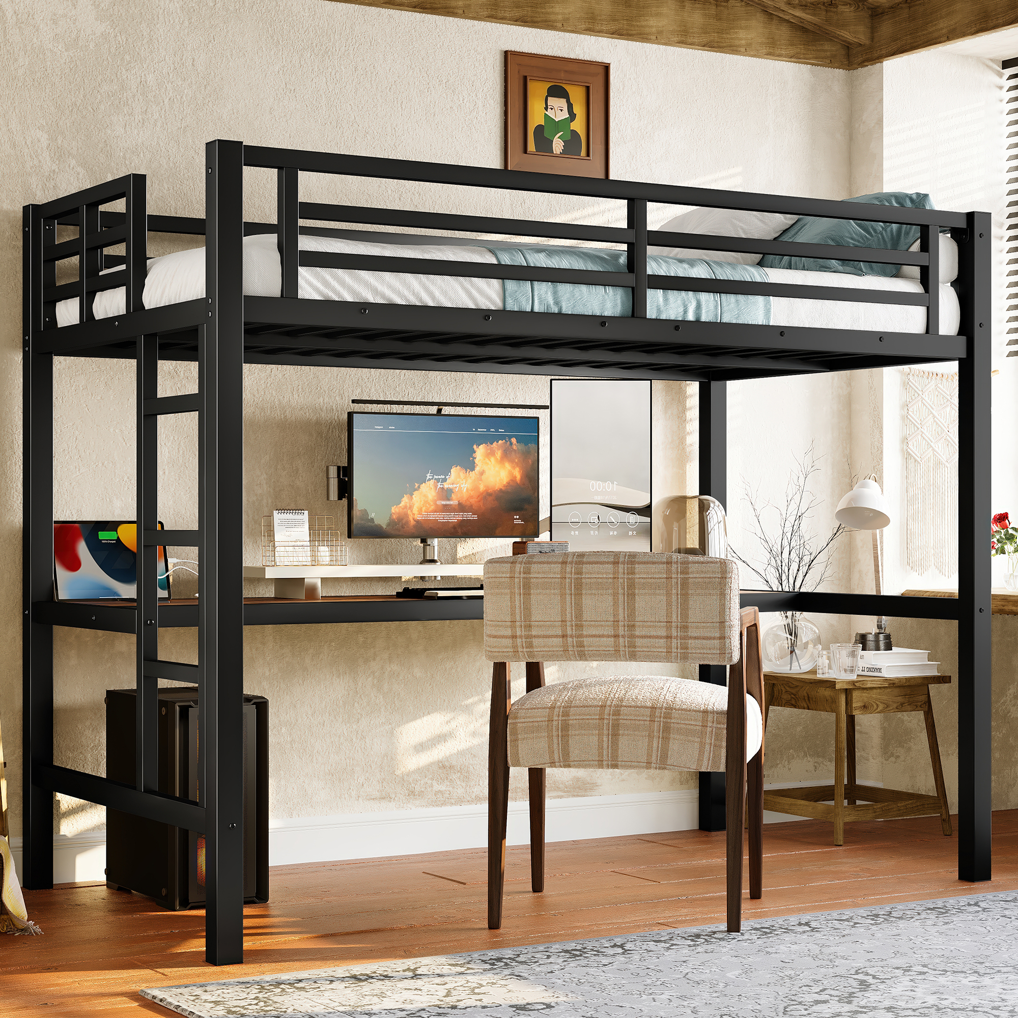Metal Twin Size Loft Bed with Power Outlet and LED Lighted, Space-Saving, Noise Reduced, Black - Image 2