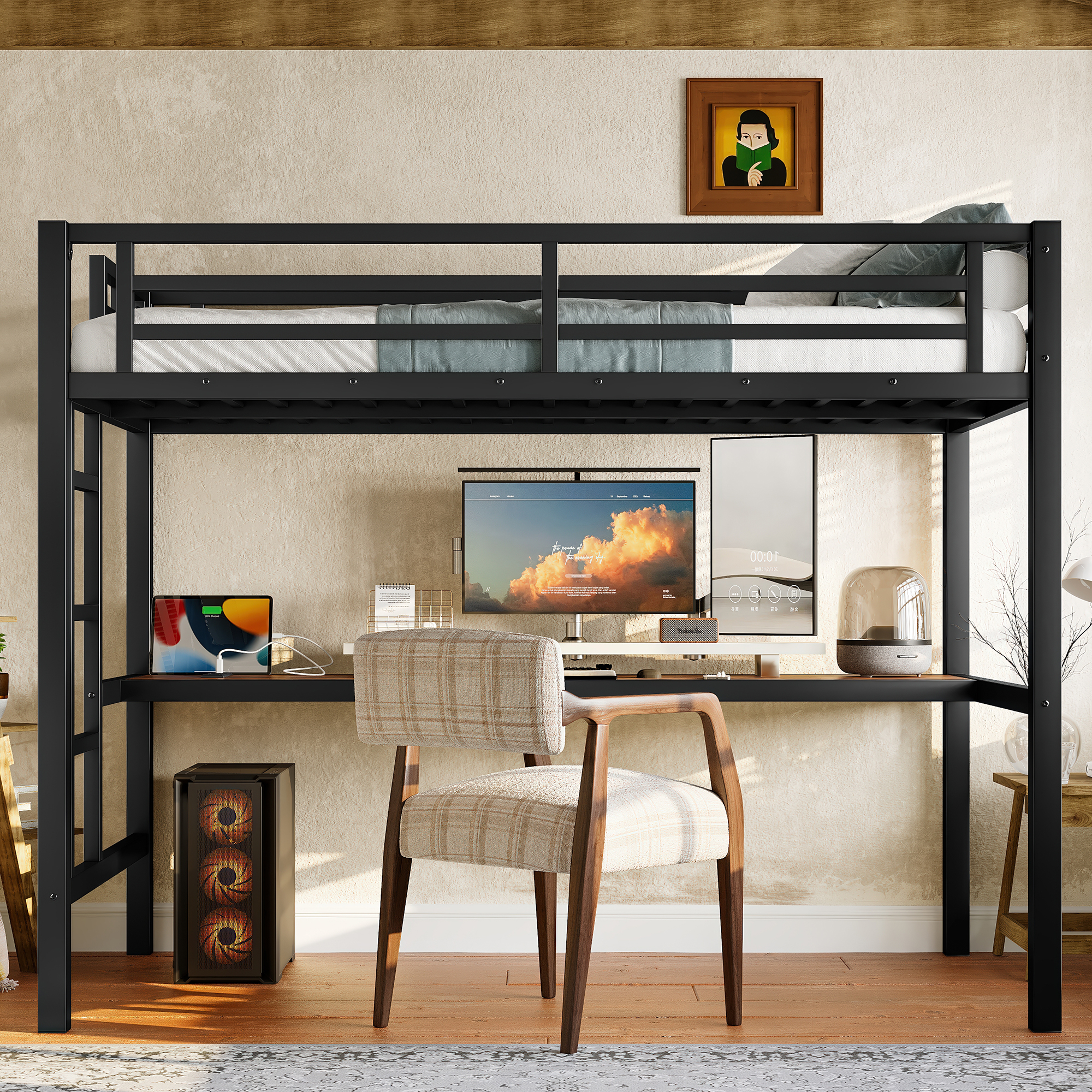 Metal Twin Size Loft Bed with Power Outlet and LED Lighted, Space-Saving, Noise Reduced, Black - Image 1