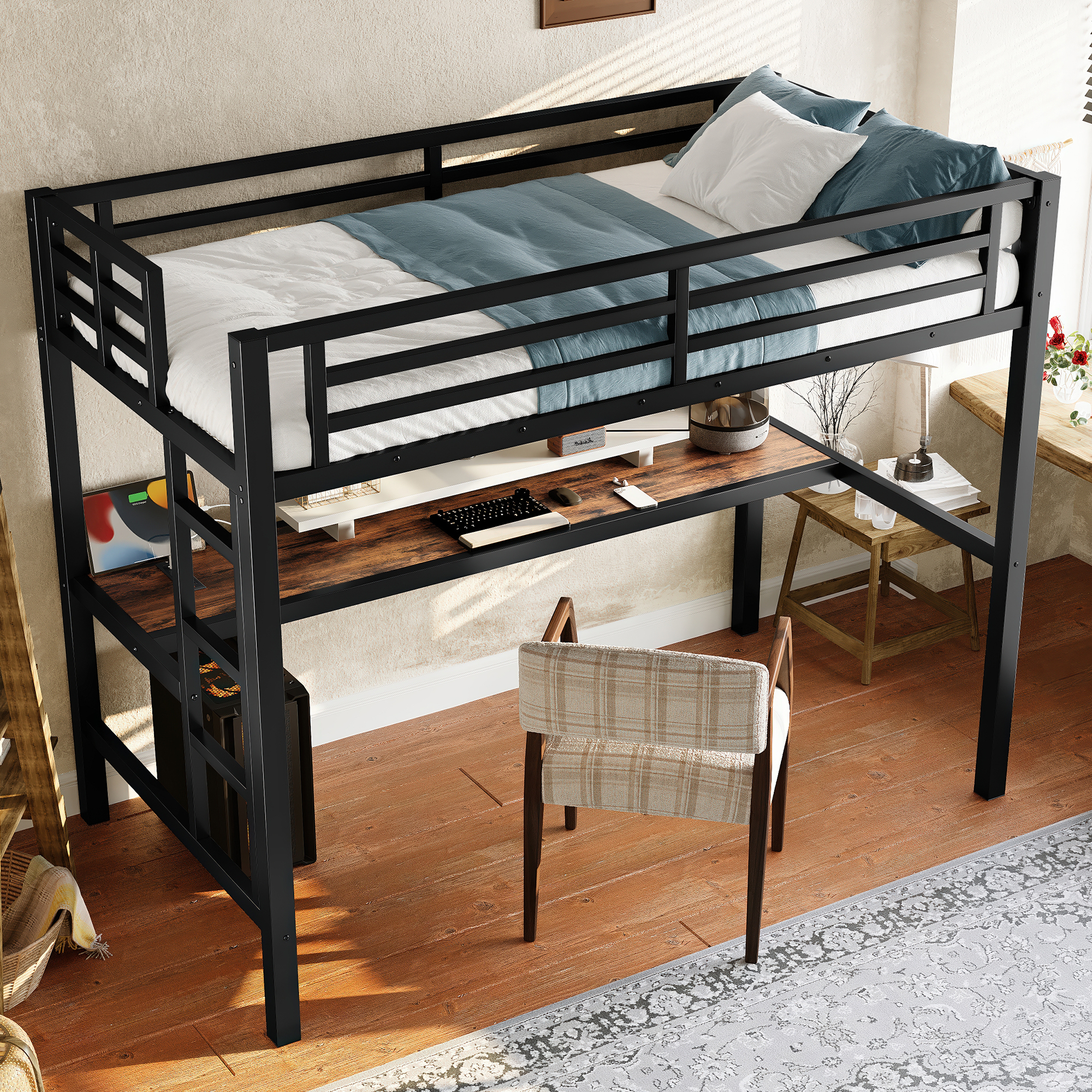 Metal Twin Size Loft Bed with Power Outlet and LED Lighted, Space-Saving, Noise Reduced, Black - Image 3