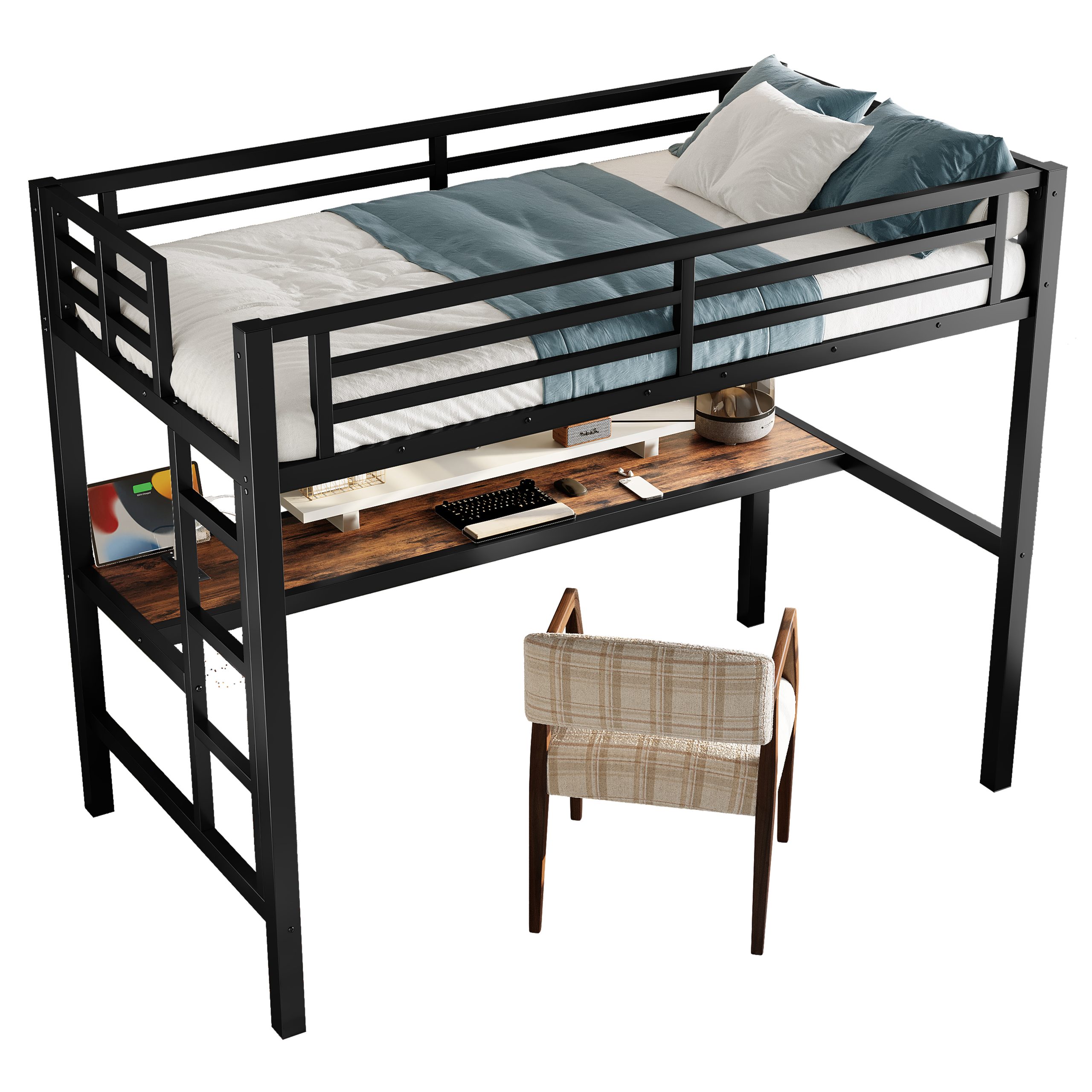 Metal Twin Size Loft Bed with Power Outlet and LED Lighted, Space-Saving, Noise Reduced, Black - Image 5