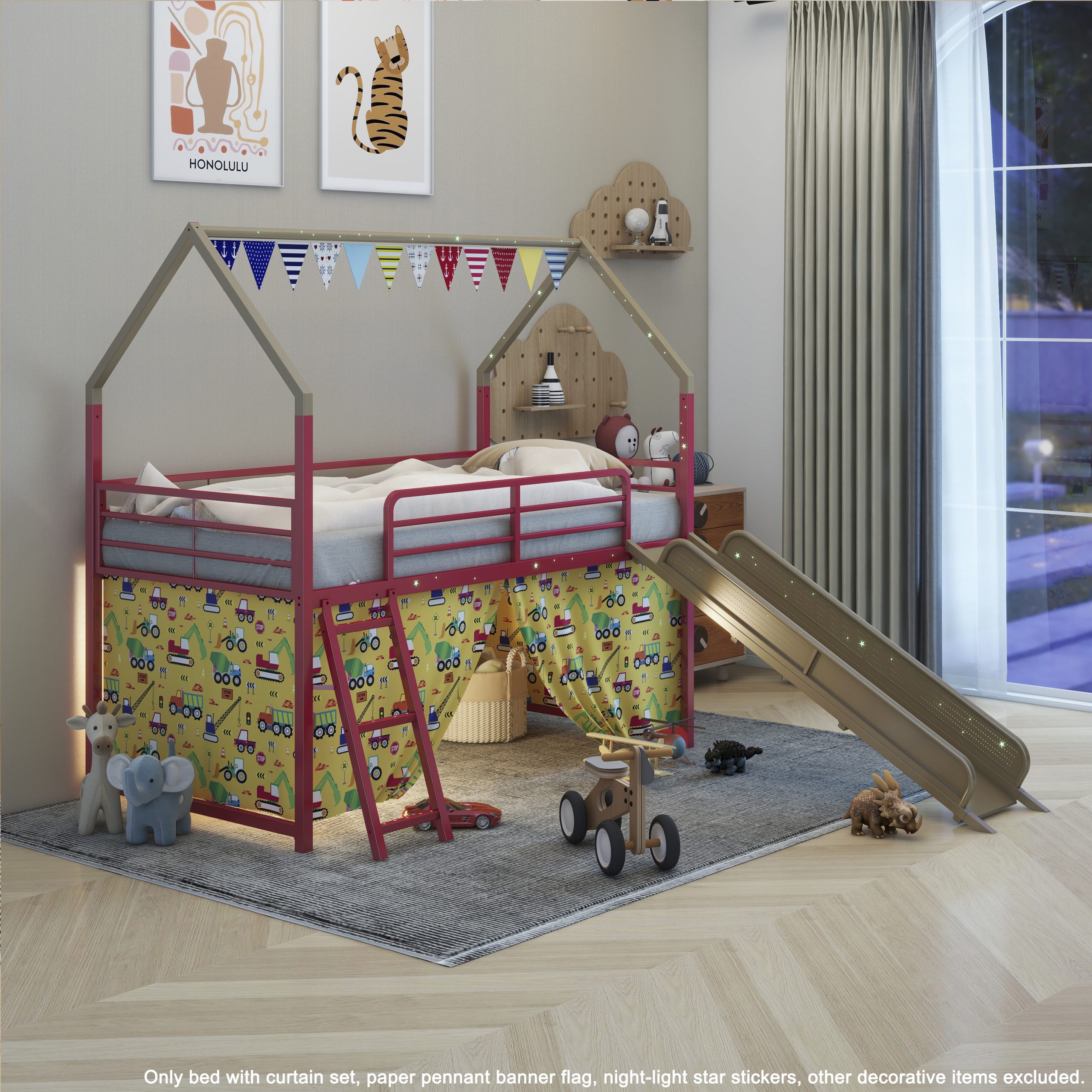 Jack Metal Junior House Twin Loft Bed with Slide and Curtain Set, Super Hero Color Gold and Red - Image 2