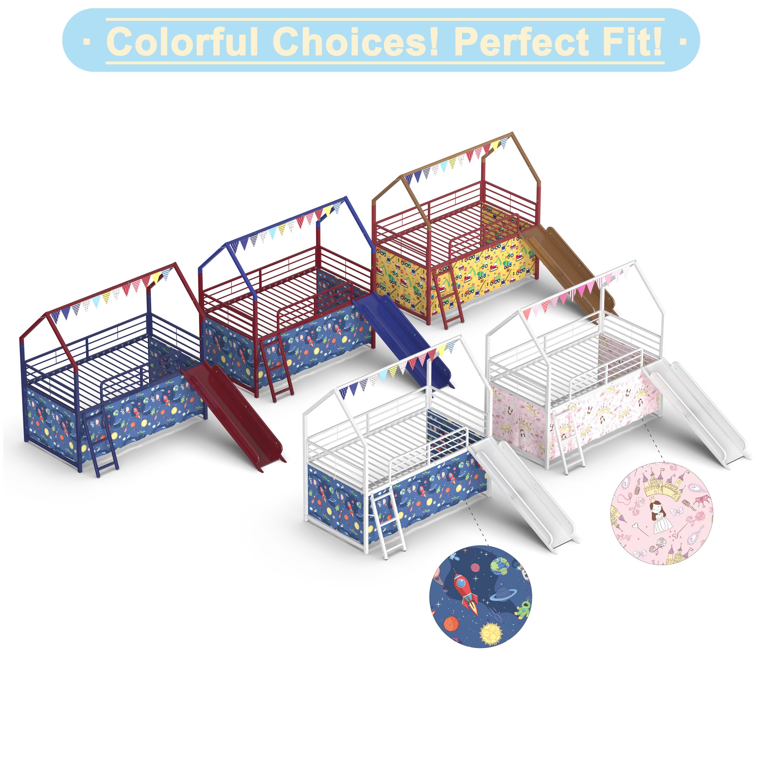 Jack Metal Junior House Twin Loft Bed with Slide and Curtain Set and Pennant Banner Flag and Star Stickers, White with Pink - Image 3