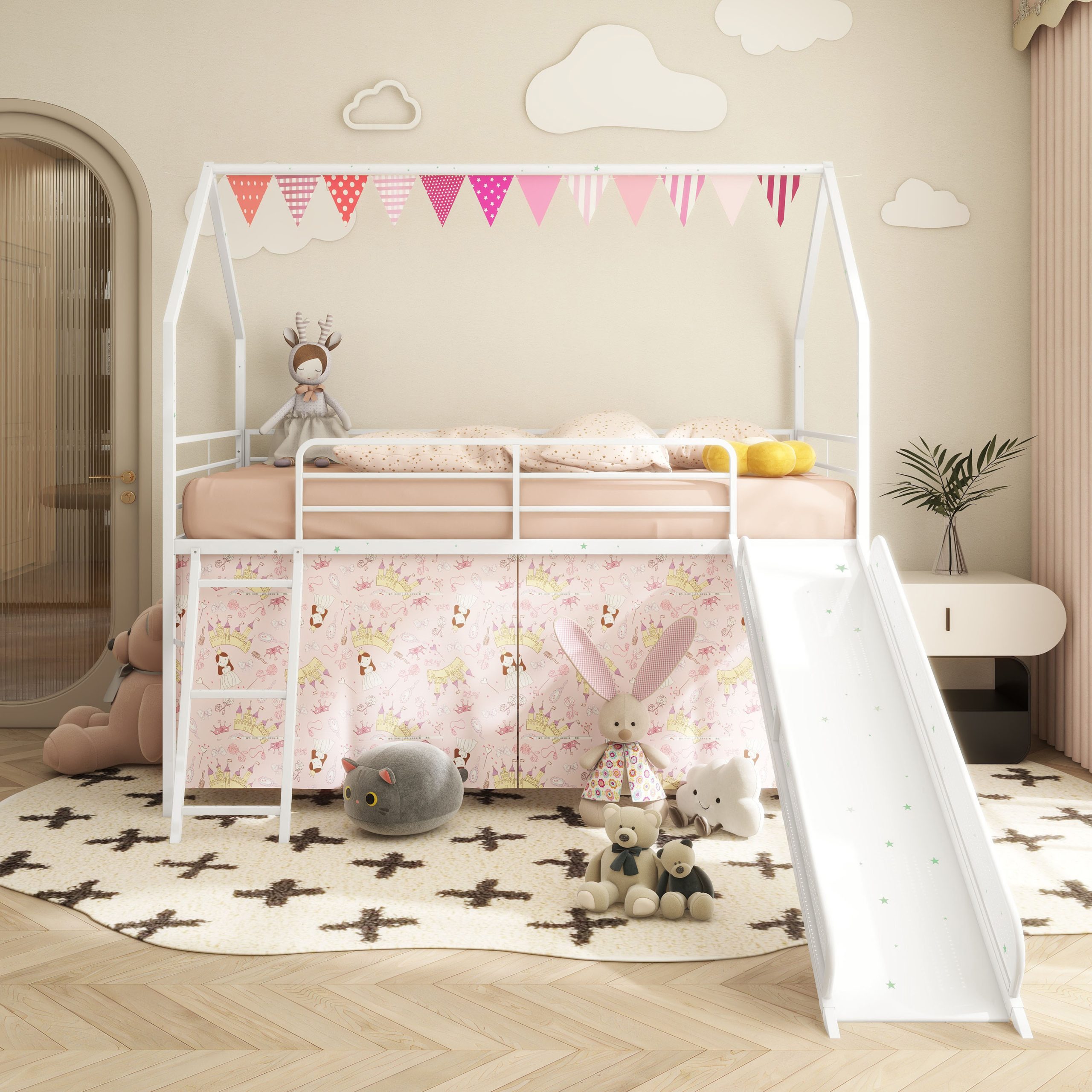 Jack Metal Junior House Twin Loft Bed with Slide and Curtain Set and Pennant Banner Flag and Star Stickers, White with Pink - Image 1