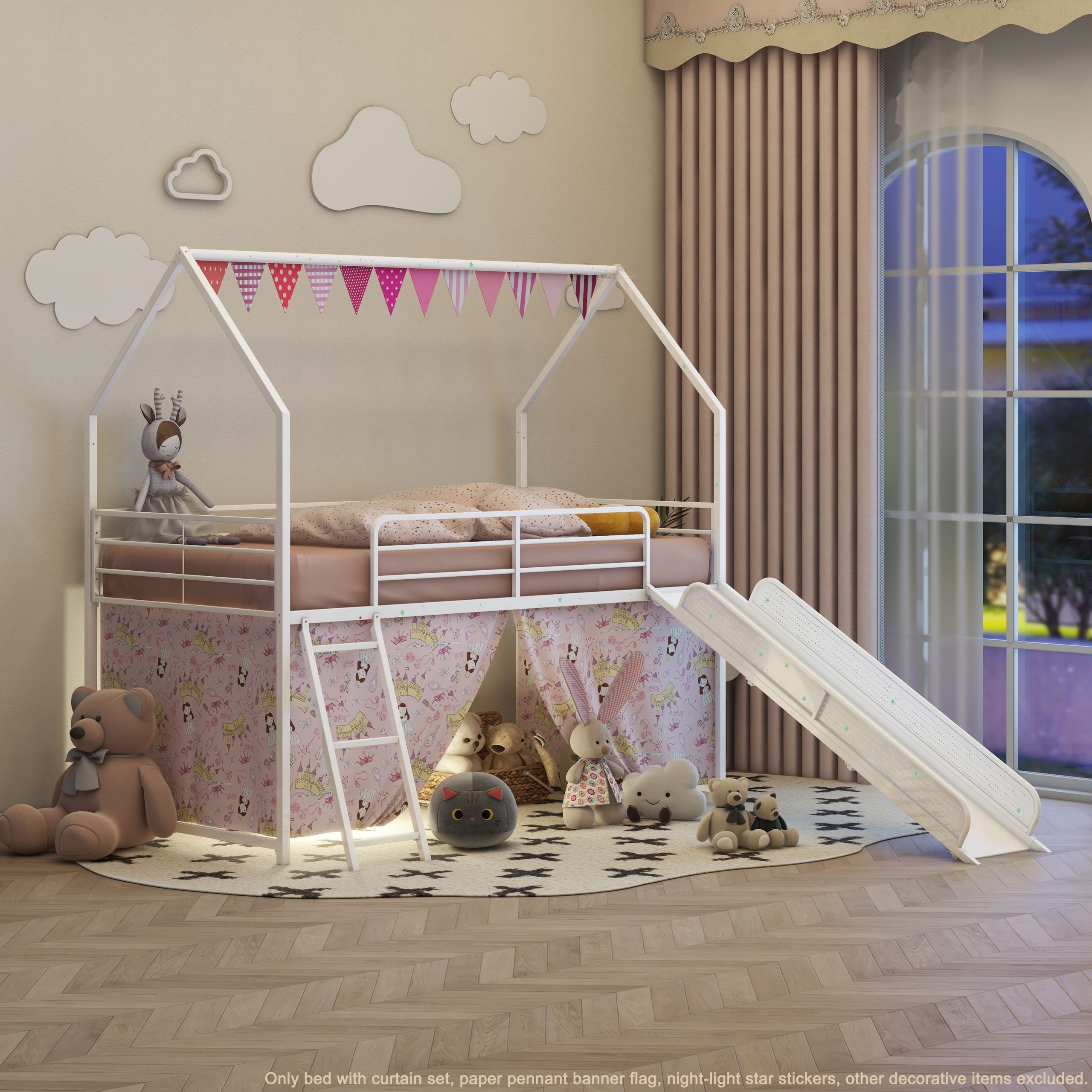 Jack Metal Junior House Twin Loft Bed with Slide and Curtain Set and Pennant Banner Flag and Star Stickers, White with Pink - Image 2