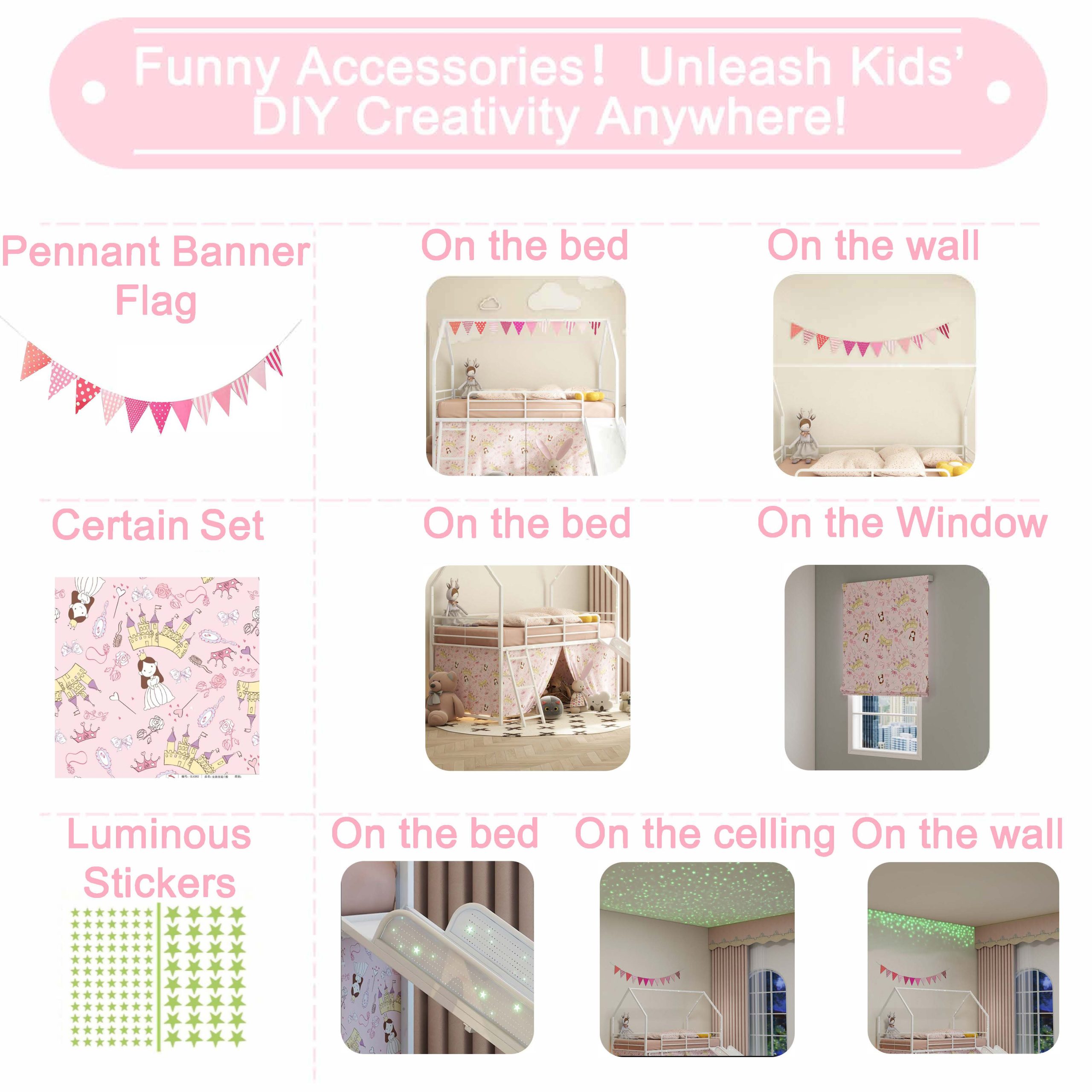 Jack Metal Junior House Twin Loft Bed with Slide and Curtain Set and Pennant Banner Flag and Star Stickers, White with Pink - Image 4